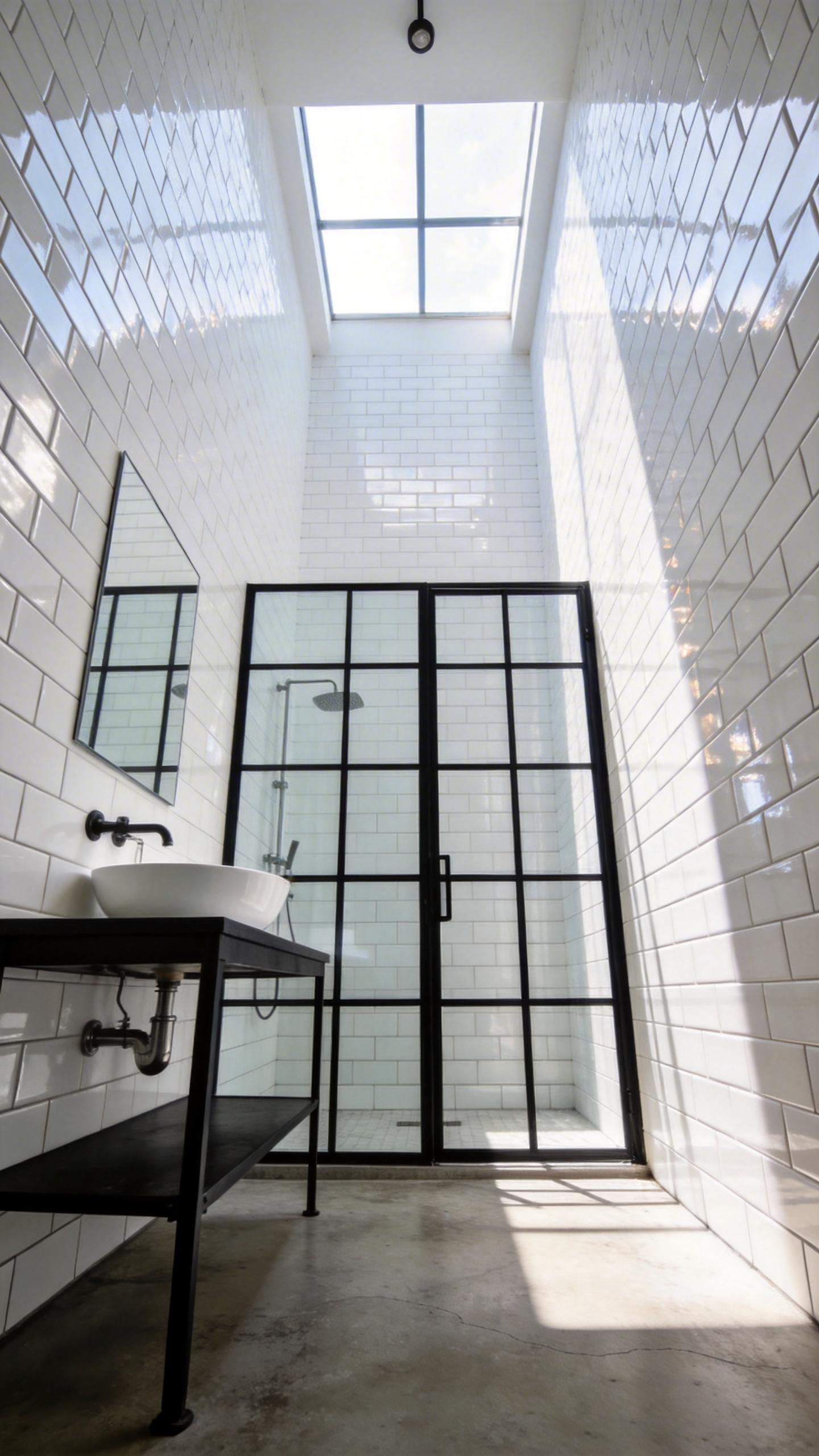 High-end industrial bathroom design featuring white subway tiles in a vertical stack pattern and black metal accents.
