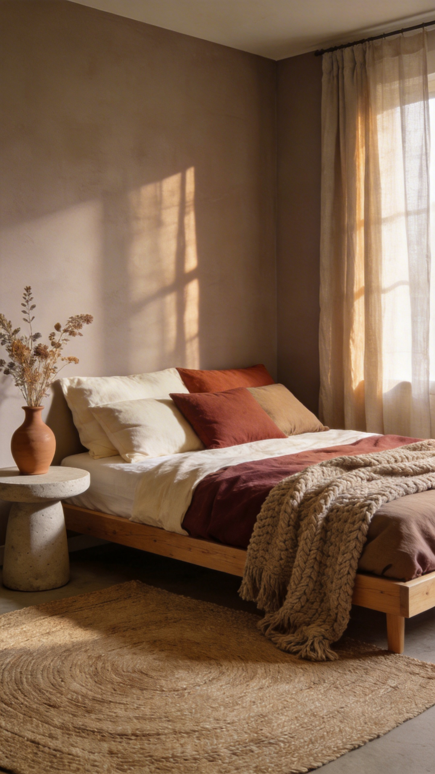 A tranquil minimalist bedroom featuring warm taupe walls, layered cream and terracotta linen bedding, natural wood furniture, and diffused natural light, illustrating the concept of warm minimalism.
