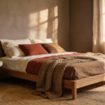 A tranquil minimalist bedroom featuring warm taupe walls, layered cream and terracotta linen bedding, natural wood furniture, and diffused natural light, illustrating the concept of warm minimalism.