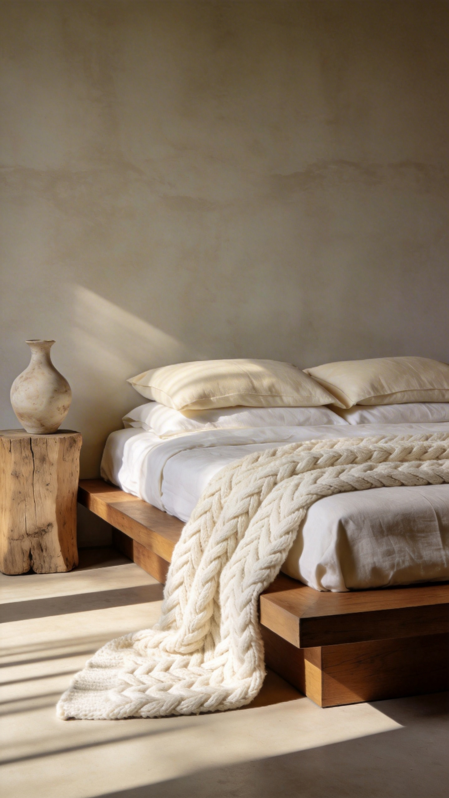 A serene warm minimalist bedroom featuring textural contrast, including layered linen bedding, a chunky knit throw, and a textured plaster wall finish.