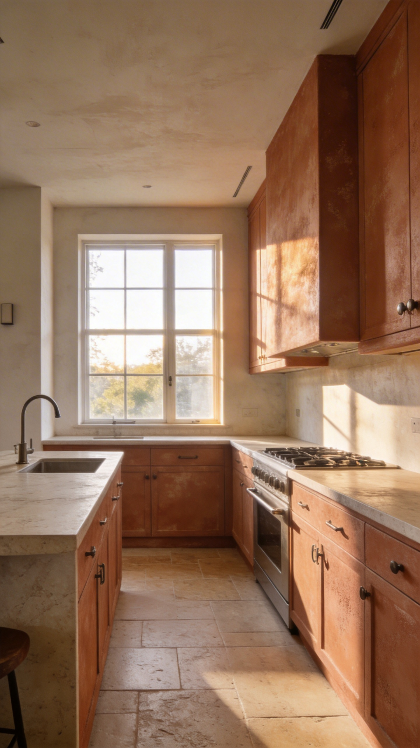 A wide view of a modern luxury kitchen with washed terracotta cabinets and stone countertops in a Mediterranean style.