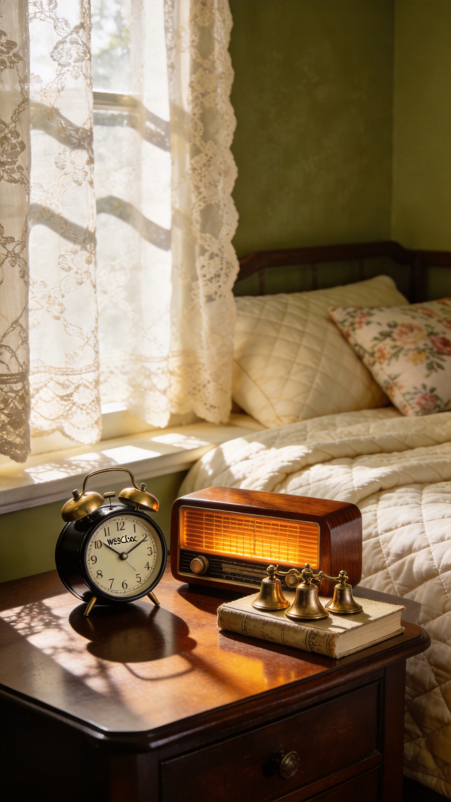 A vintage-style bedroom scene showcasing a classic mechanical alarm clock, a brass bell, and an antique wooden radio on a nightstand.