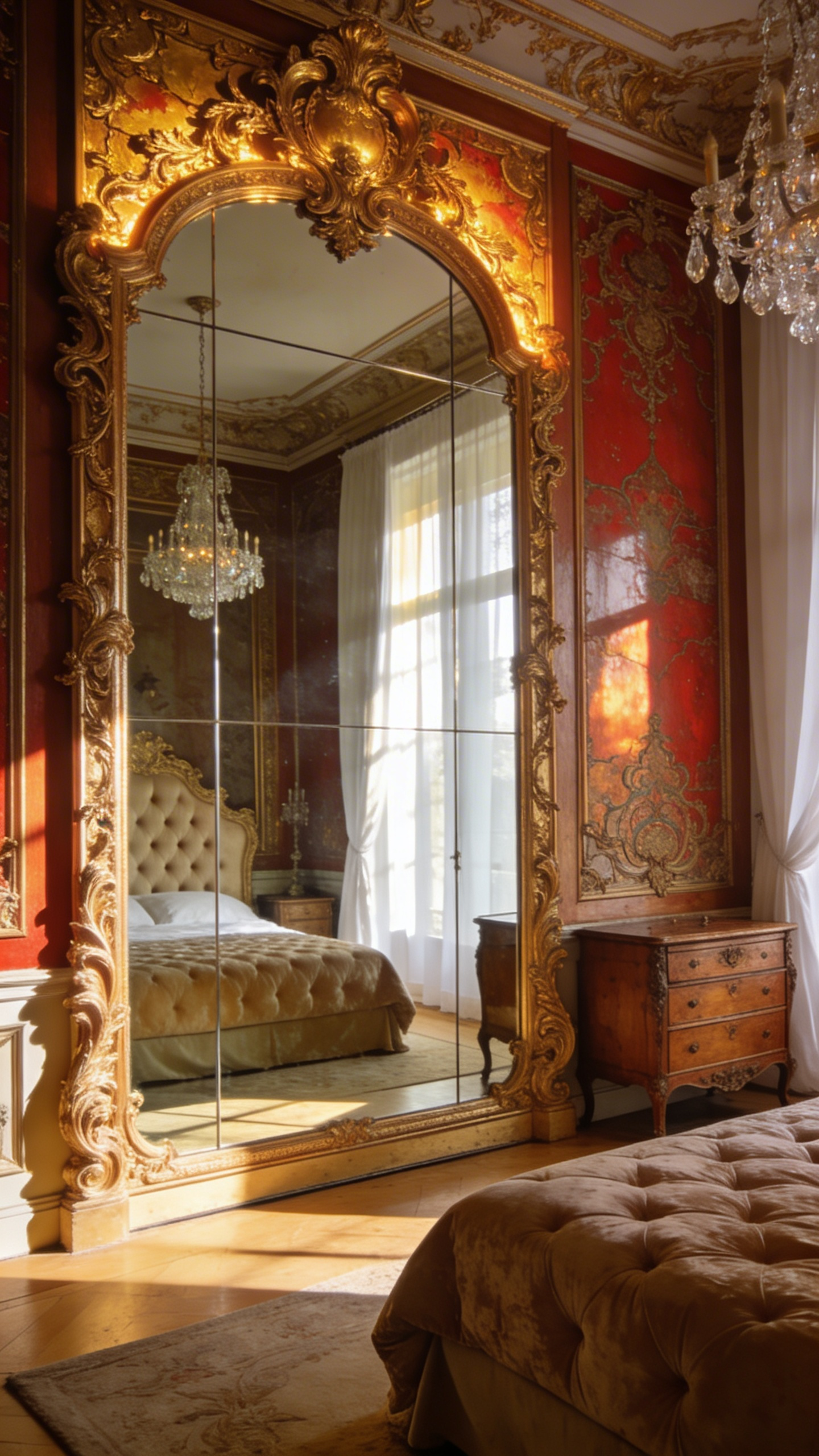 A grand vintage bedroom featuring a large ornate gilded mirror that reflects golden sunlight and enhances the spatial depth of the room.