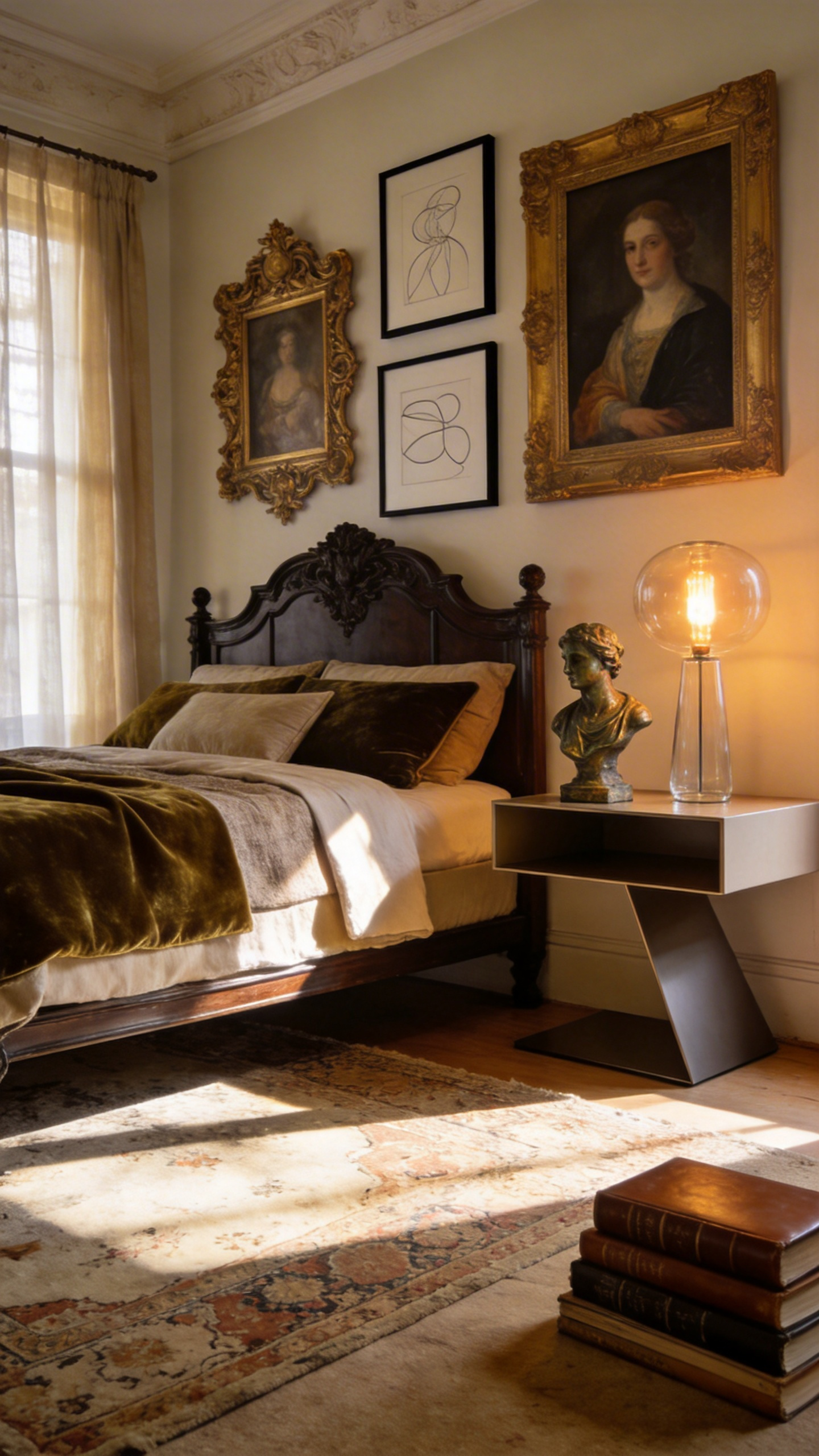 A vintage aesthetic bedroom showing a curated blend of antique artifacts, modern lighting, and plush textiles in a sunlit interior.