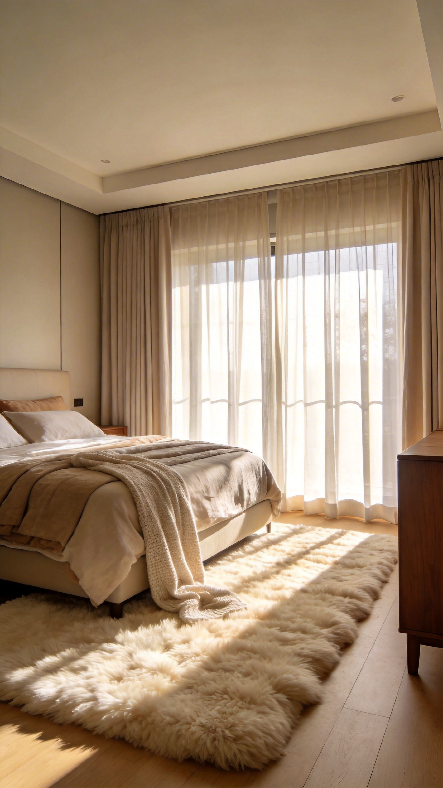 A spacious master bedroom featuring a thick high-pile wool rug under a modern bed with soft morning light.