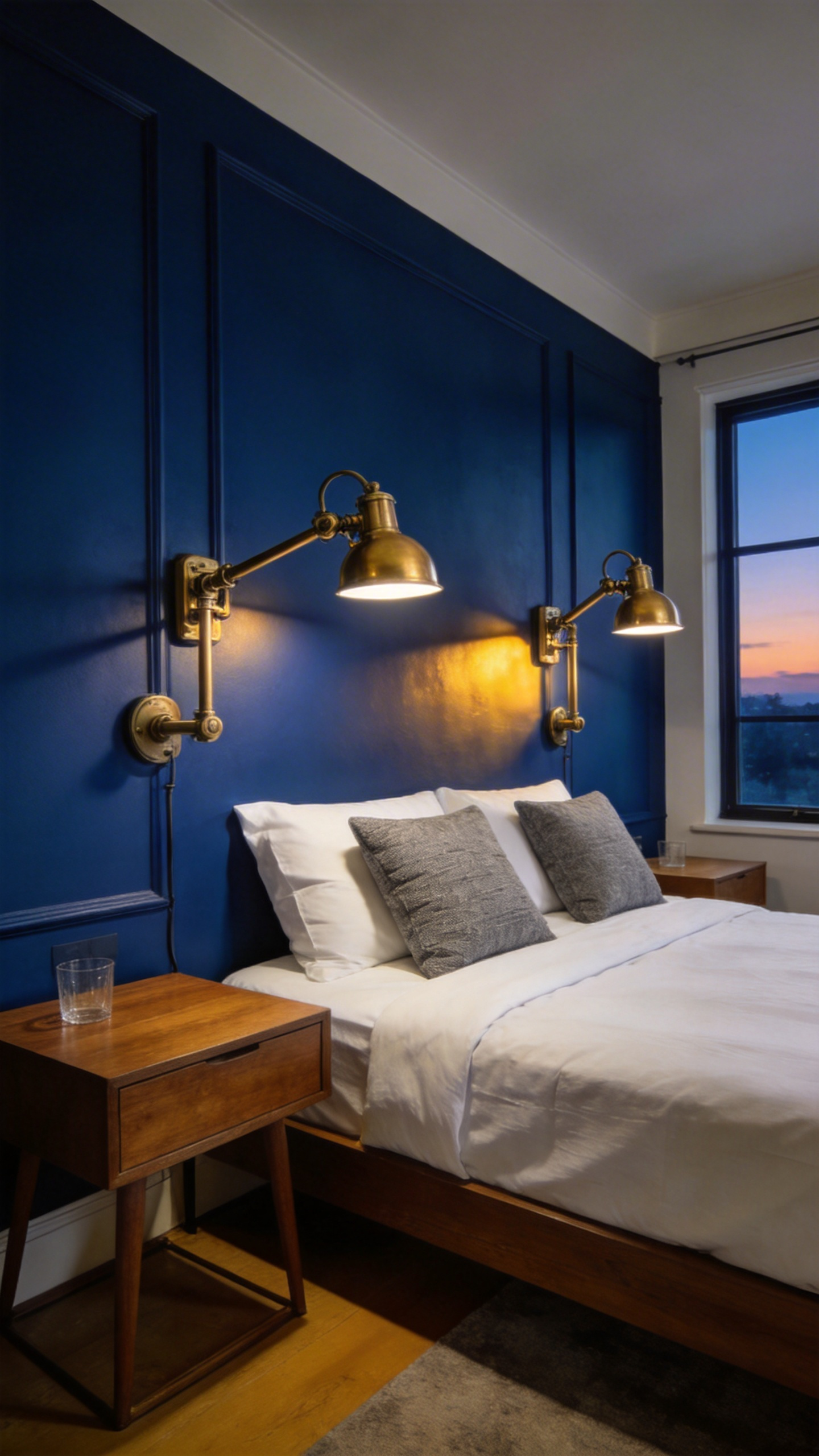 A symmetrical view of a luxury couple's bedroom featuring brass articulating reading sconces mounted on a dark blue wall above a modern bed.