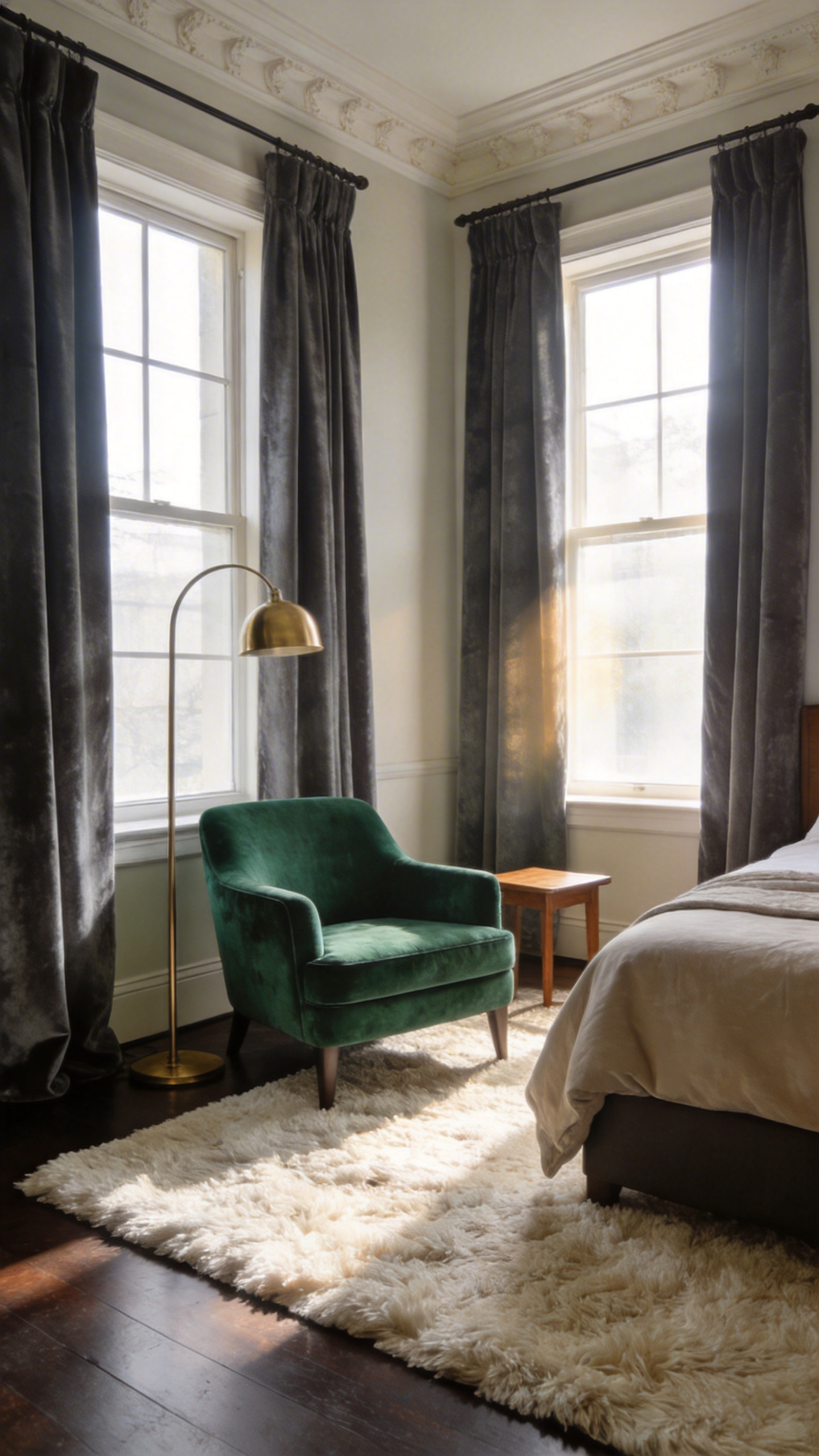A modern master bedroom featuring a separate reading nook with a green velvet chair and a plush rug to create an individual retreat for couples.