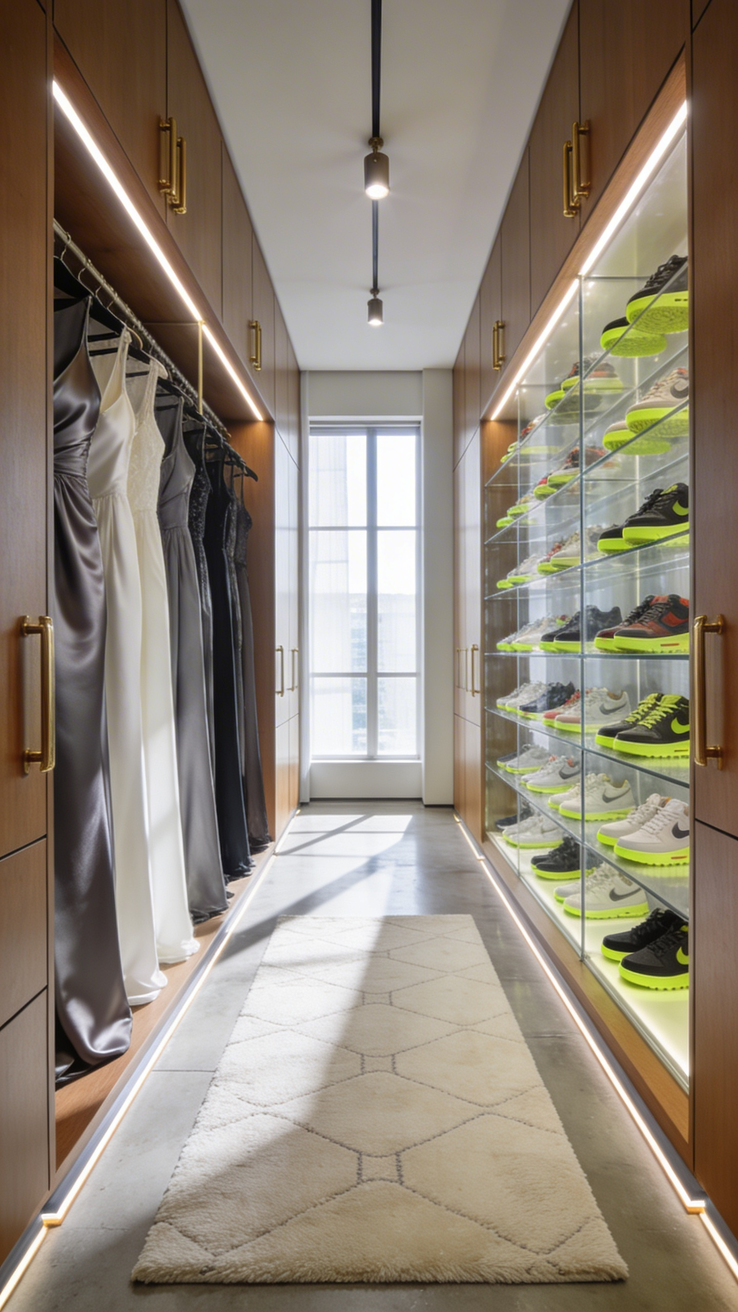 A modern custom walk-in wardrobe for a couple featuring asymmetrical storage zones for long dresses and a sneaker collection.