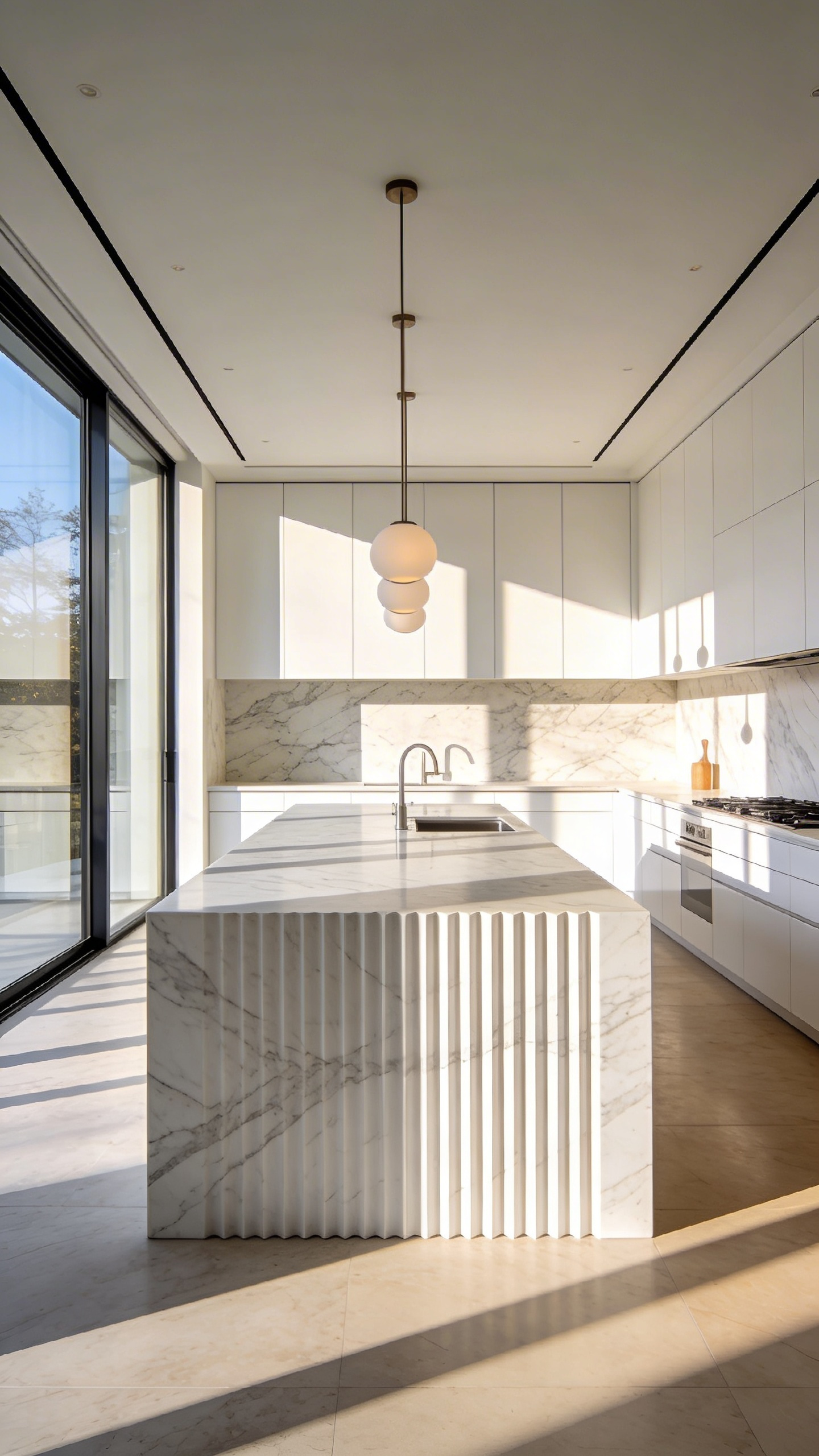 A luxurious all-white kitchen featuring a large island with vertical fluted stone texture and sharp shadow lines under natural light.