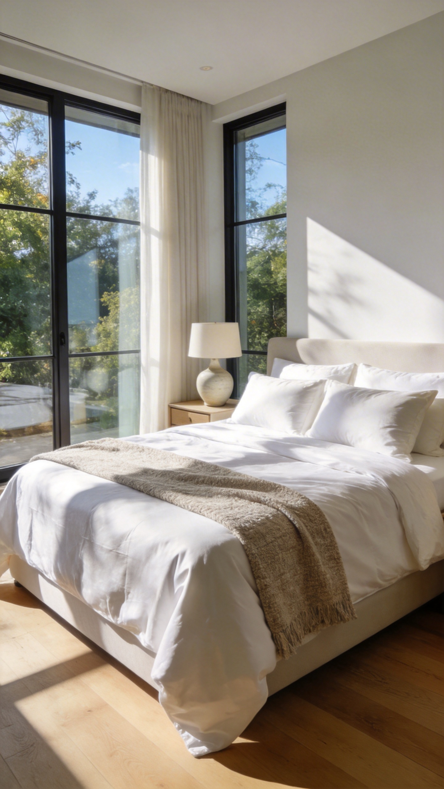 Luxurious master bedroom featuring high-quality white linens and layered bedding with natural sunlight.