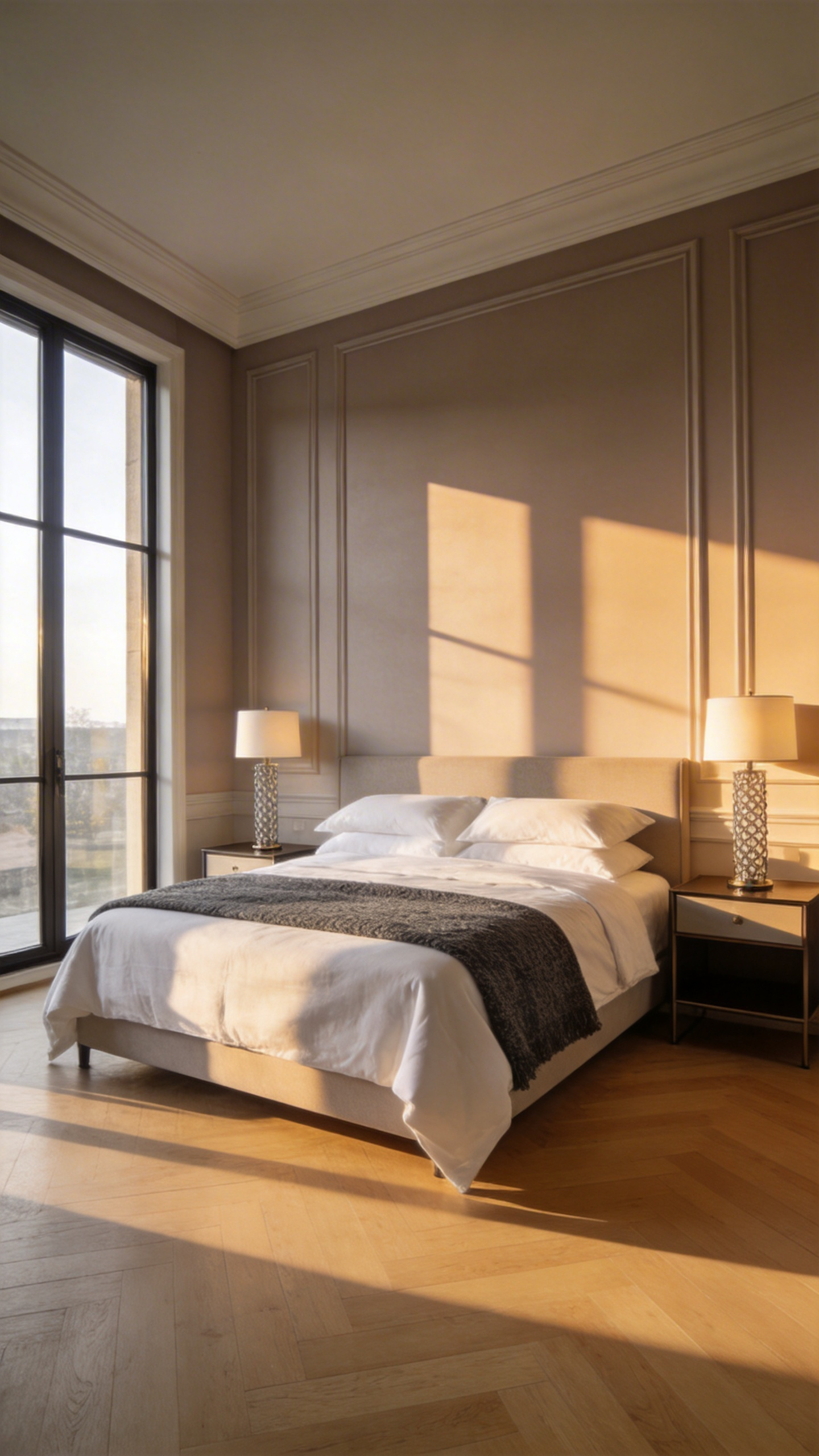 A luxuriously designed master bedroom showing a king bed perfectly scaled to the room with symmetrical decor and natural lighting.
