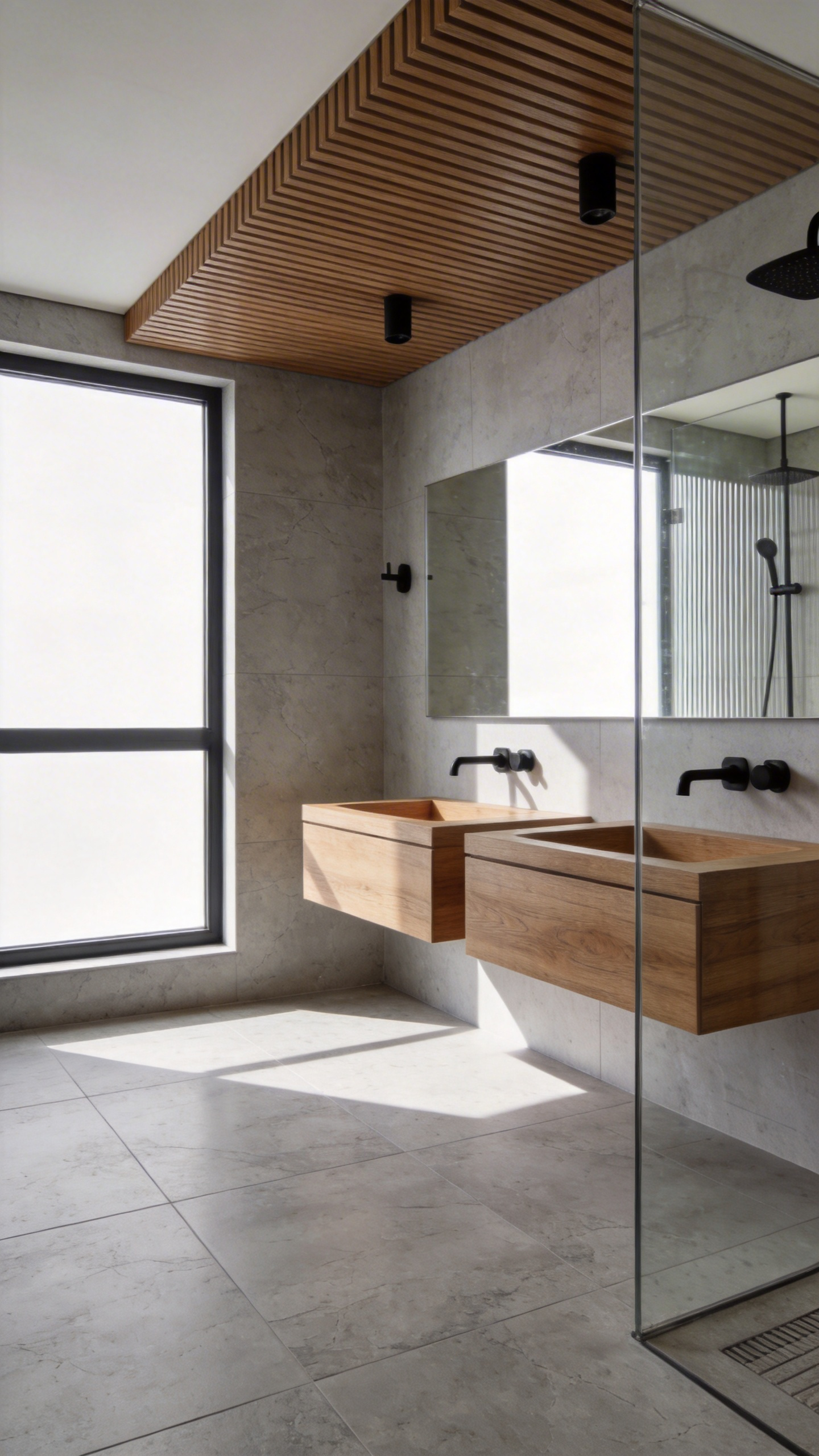 A luxury minimalist bathroom featuring a balanced design of honed stone, natural oak wood, and matte black fixtures.