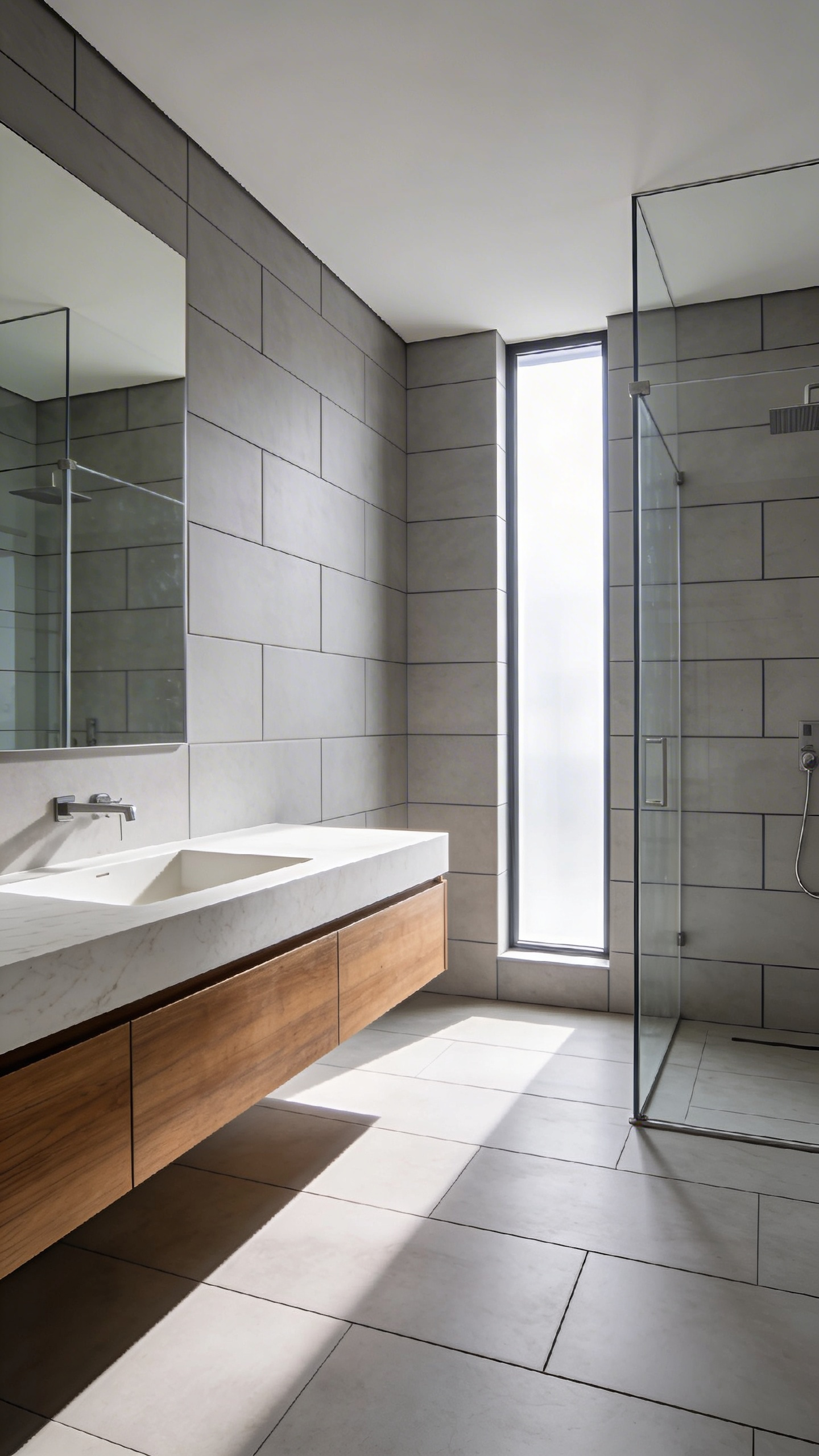 A spacious minimalist bathroom featuring light gray stack bond tile patterns and a floating wood vanity aligned with architectural grid lines.
