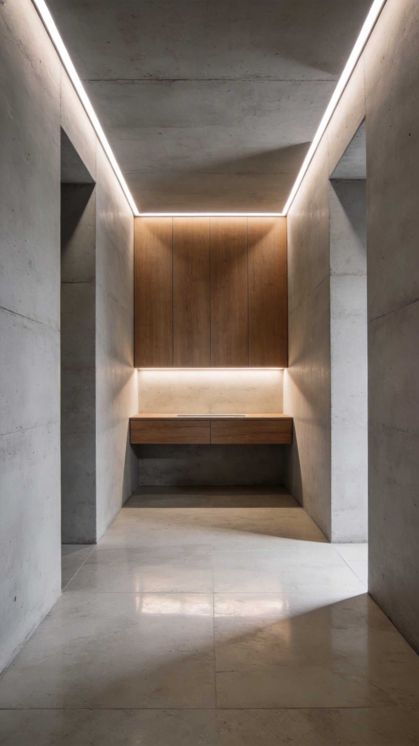 A modern minimalist bathroom featuring warm concealed LED cove lighting along the ceiling and floor highlighting smooth concrete walls and a floating wooden vanity.