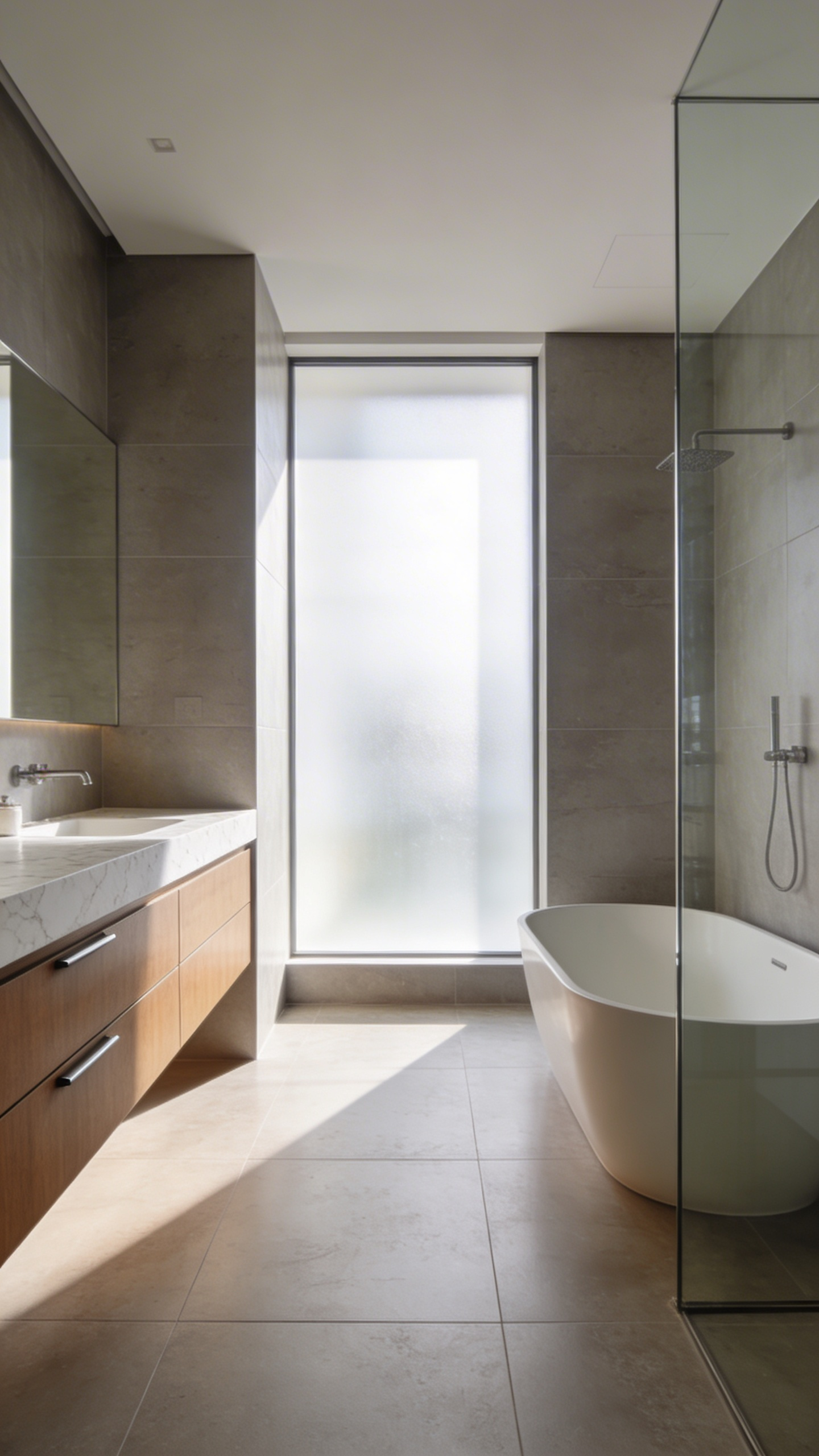 A serene minimalist bathroom featuring large-format stone tiles and hidden storage cabinets illuminated by soft natural morning light.