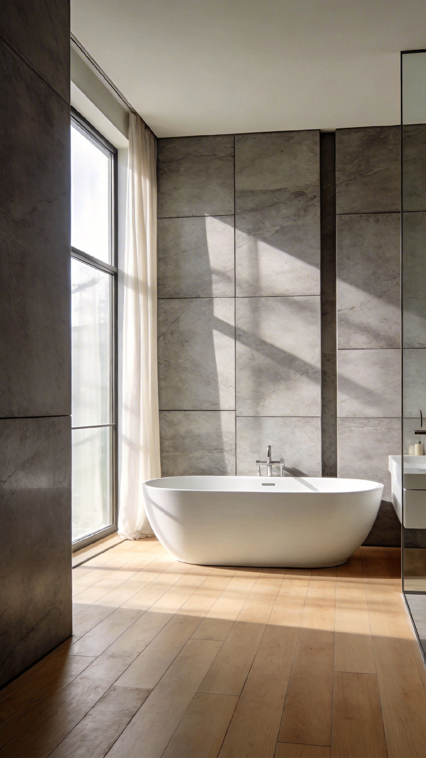 A serene minimalist bathroom featuring matte stone walls, a freestanding tub, and warm wood flooring with soft natural lighting.