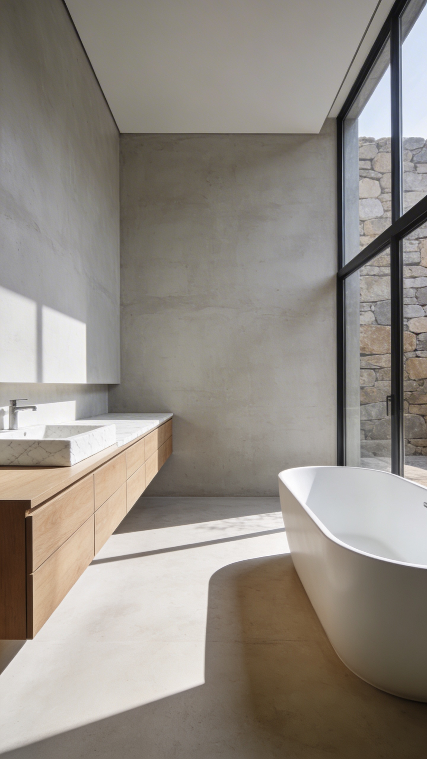 A bright minimalist bathroom showcasing a floating wooden vanity and freestanding tub arranged with mathematical precision and open space.