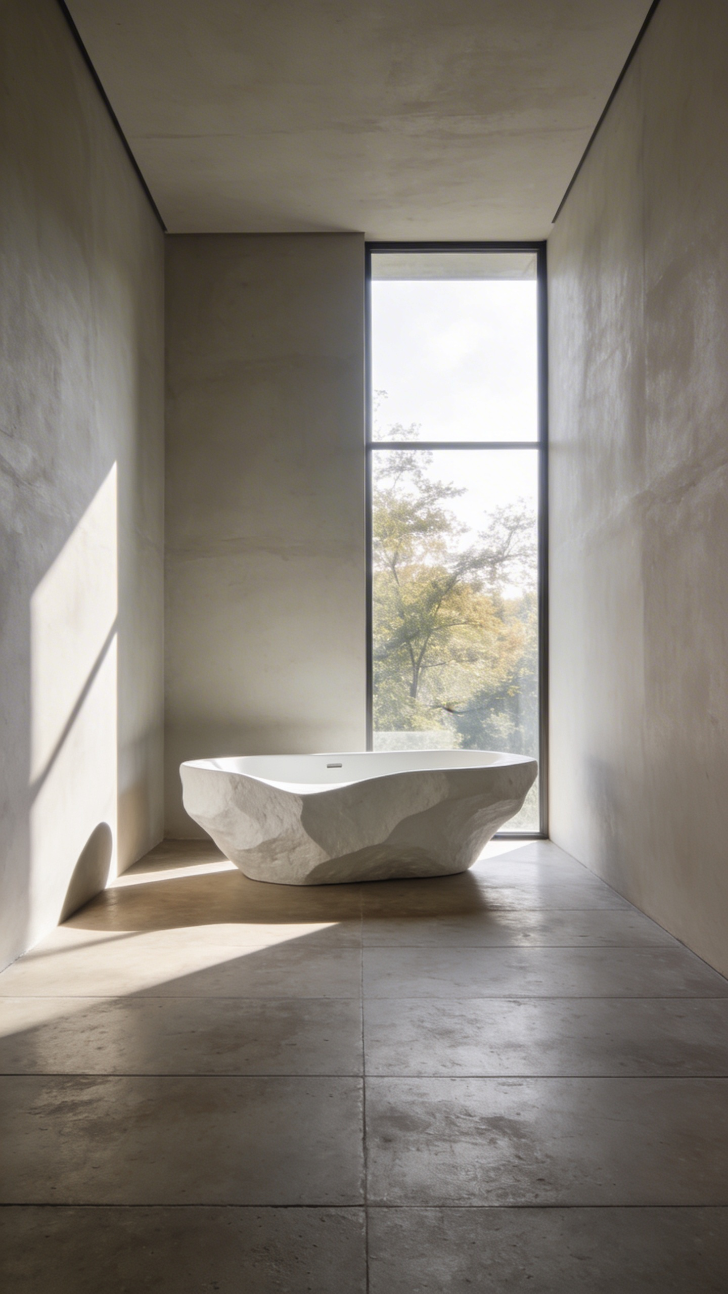 A monolithic white stone freestanding tub centered in a bright minimalist bathroom with large floor tiles and natural sunlight.