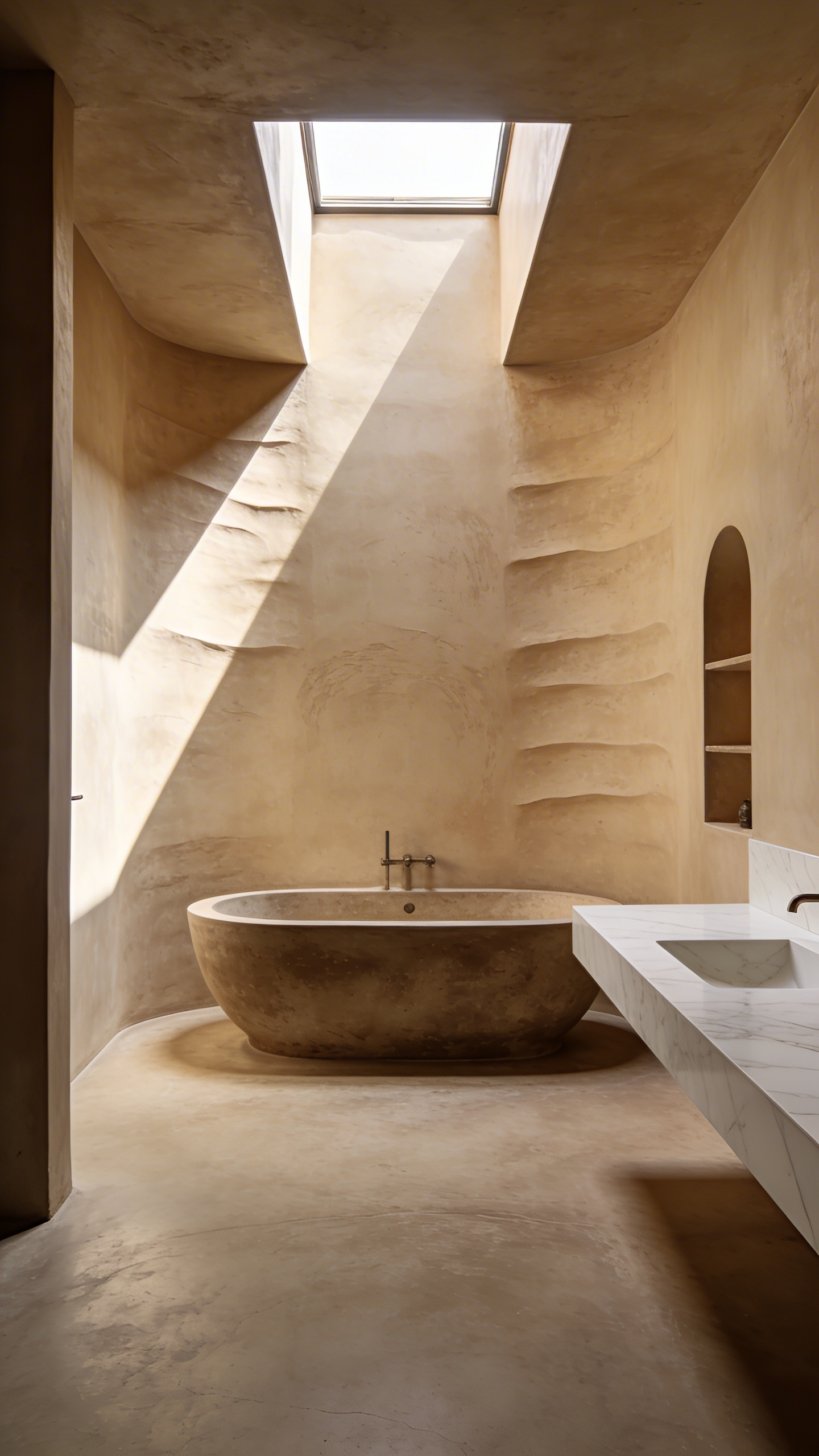 A full view of a minimalistic bathroom design with textured cream Tadelakt walls, a stone bathtub, and natural sunlight emphasizing the different surface materials.