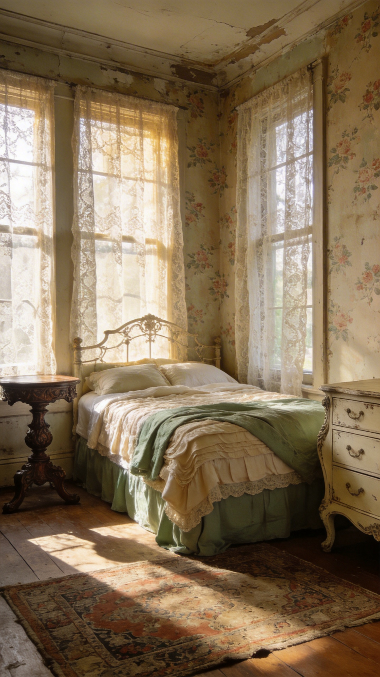 A vintage bedroom featuring two different antique nightstands, a dark wood pedestal and a white provincial chest, flanking a large bed with sage green linens under soft morning light.