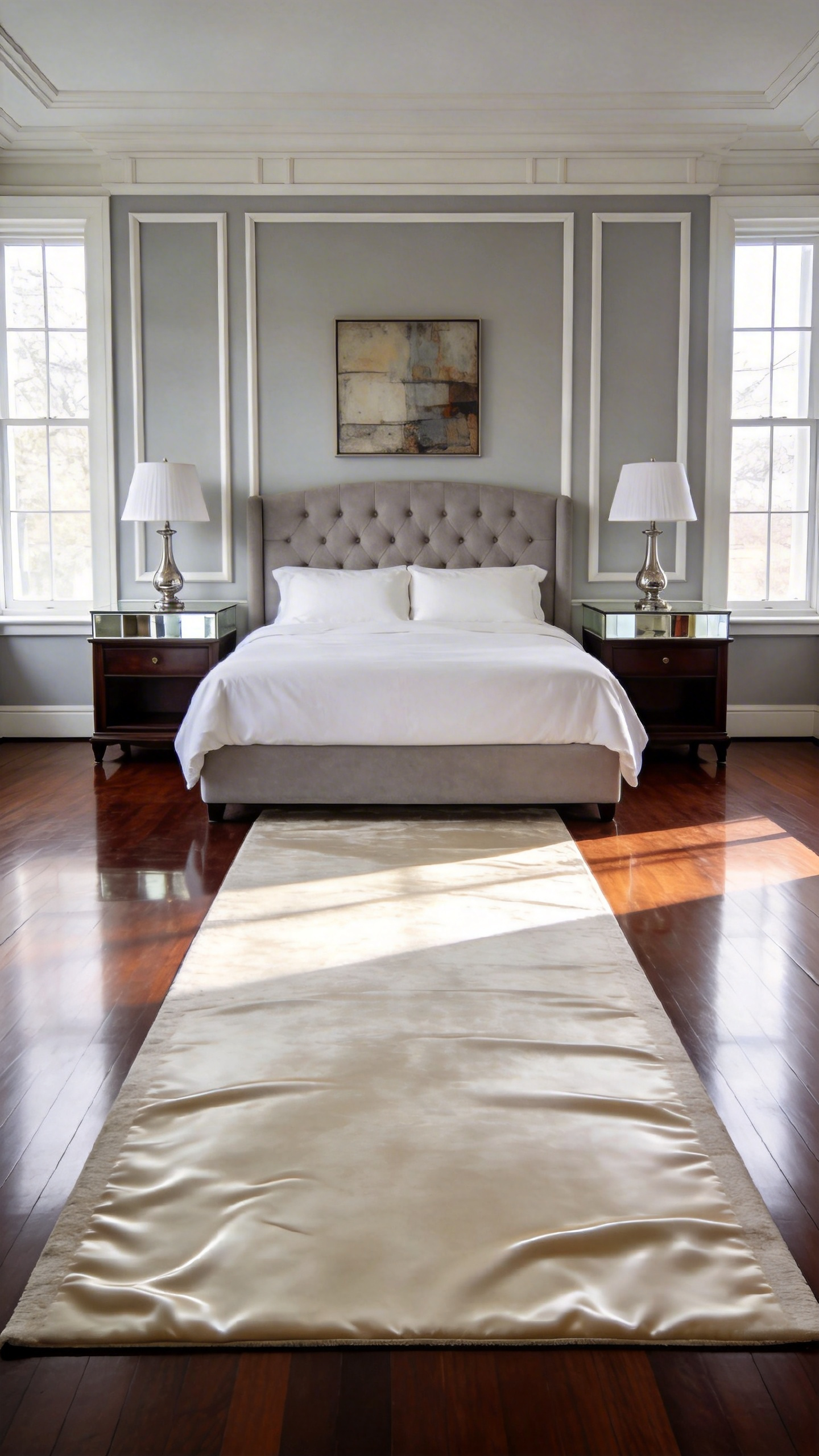 A perfectly symmetrical master bedroom with a centered king bed, matching nightstands, and equal walking space on both sides following Neoclassical design principles.