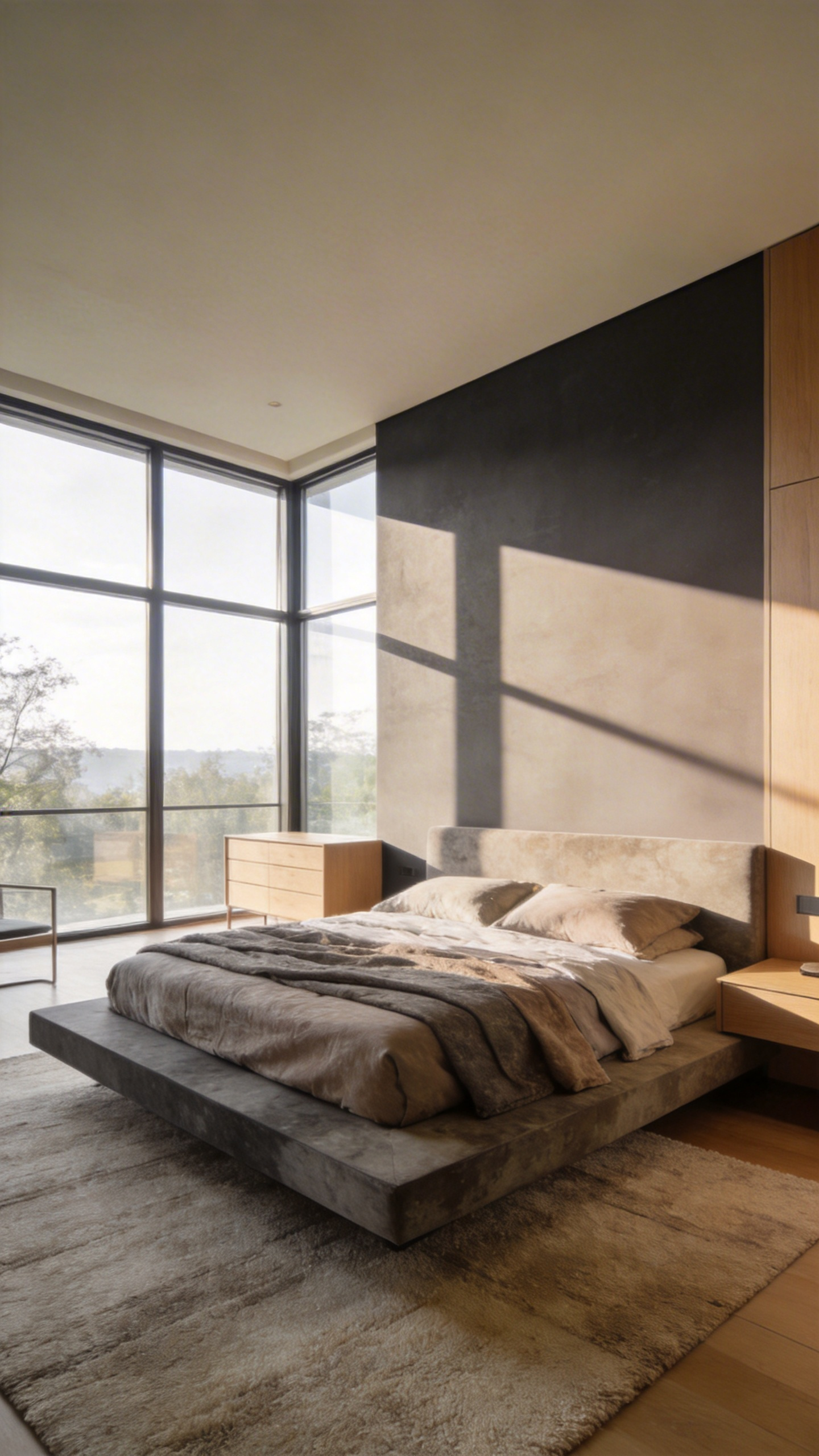 A modern master bedroom showcasing a sophisticated gender-neutral color palette with warm neutral walls and natural sunlight.