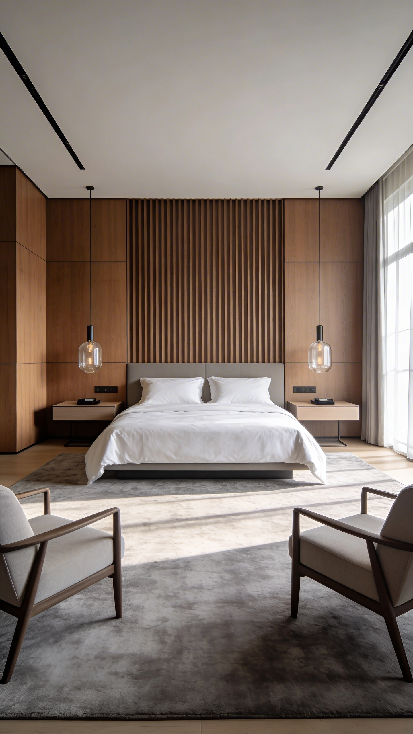 A luxury master bedroom with a symmetrical layout featuring a centered bed, identical nightstands, and two separate duvets.