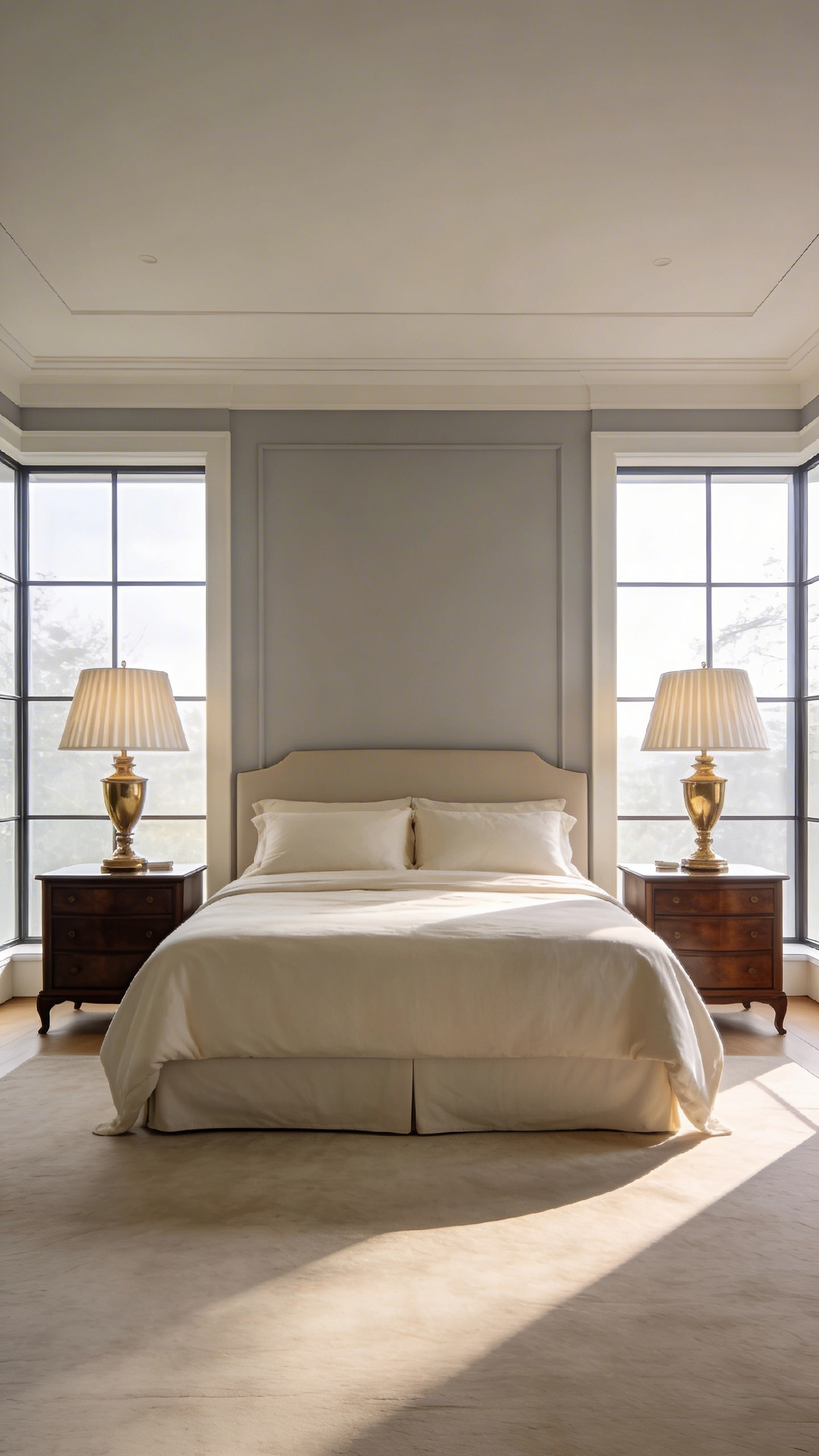 A perfectly symmetrical master bedroom for a couple featuring a central bed flanked by identical walnut nightstands and brass lamps.