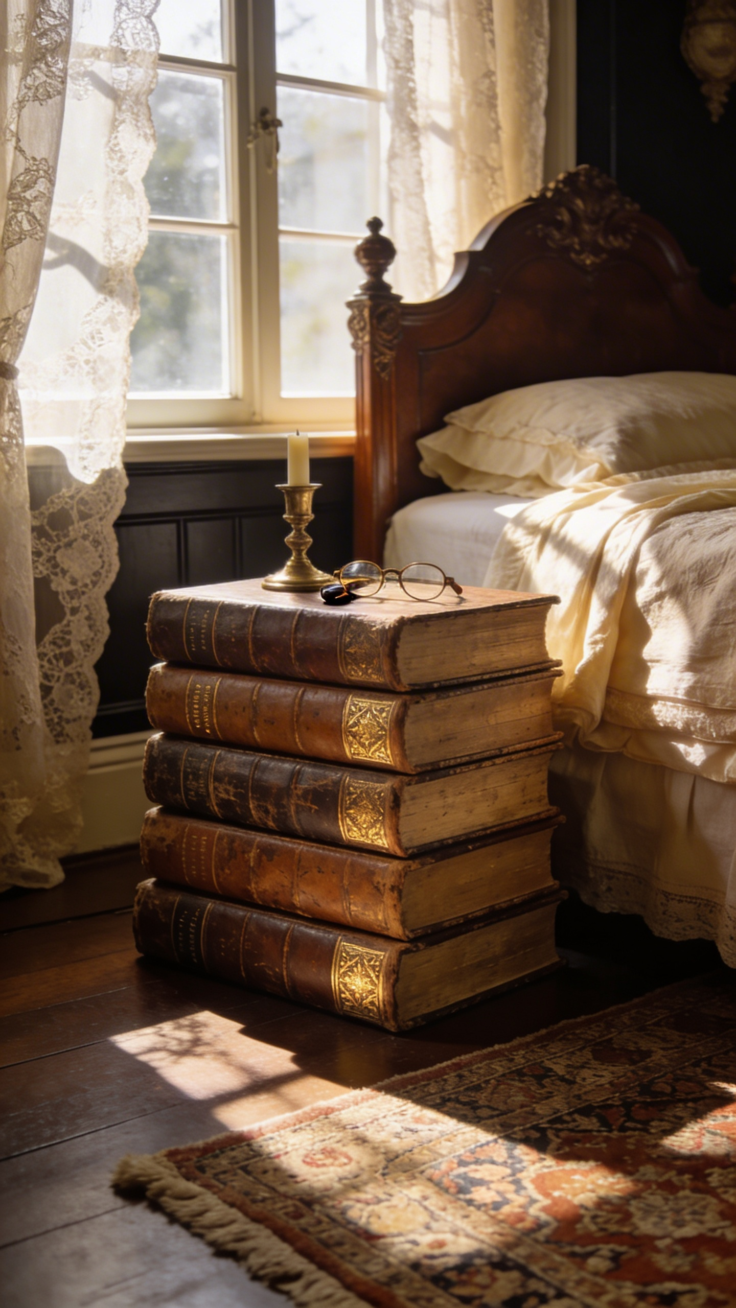 A vintage bedroom aesthetic featuring a stack of antique leather-bound books used as a creative nightstand pedestal next to a wooden bed.