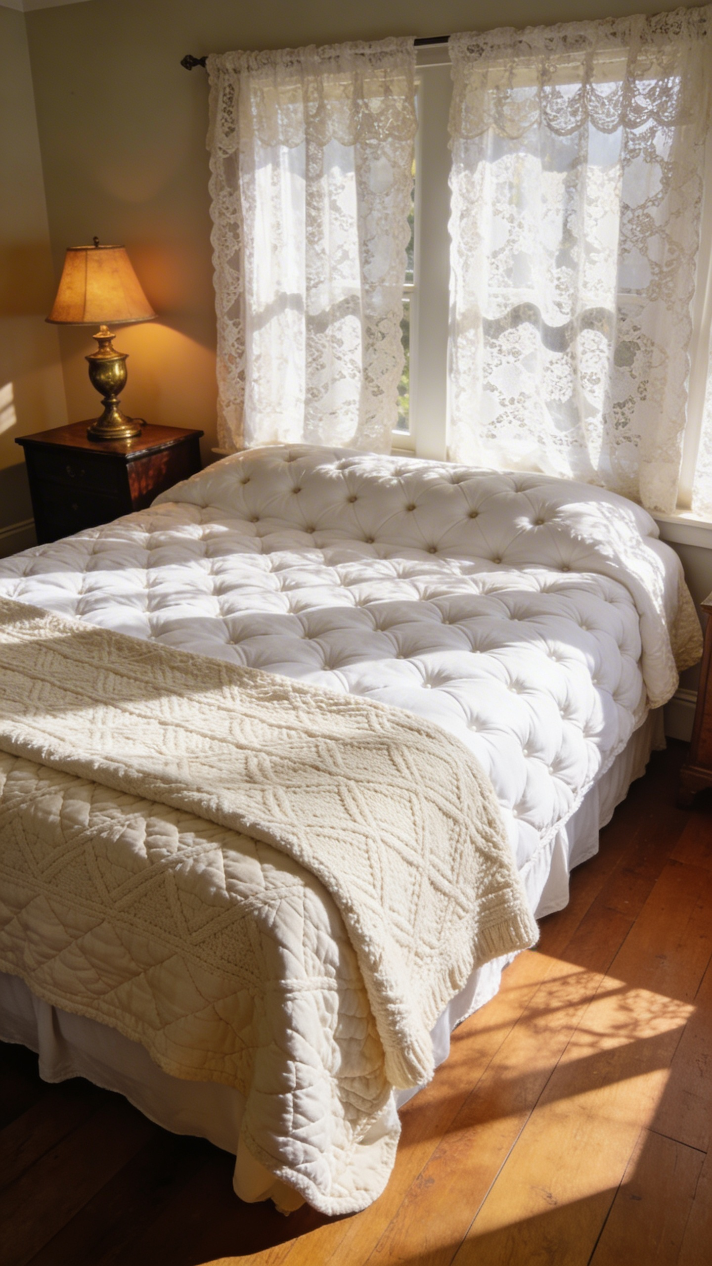 A vintage-style bedroom featuring a bed layered with tufted chenille and matelassé textiles in a bright, sunlit room.