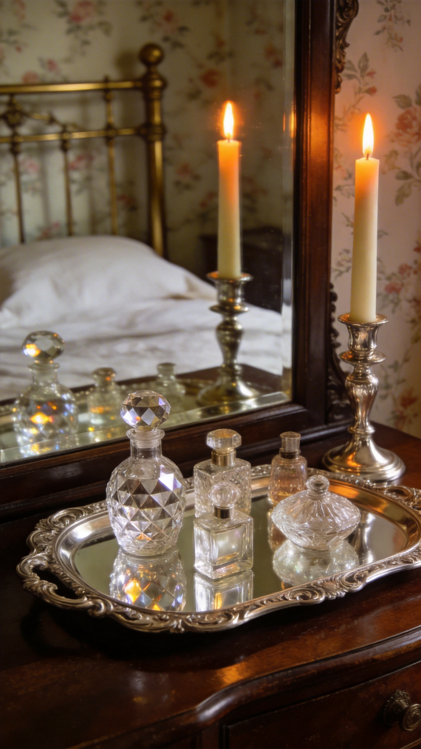 A vintage mirrored vanity tray with crystal perfume bottles and tall lit taper candles on an antique dressing table in a bedroom.