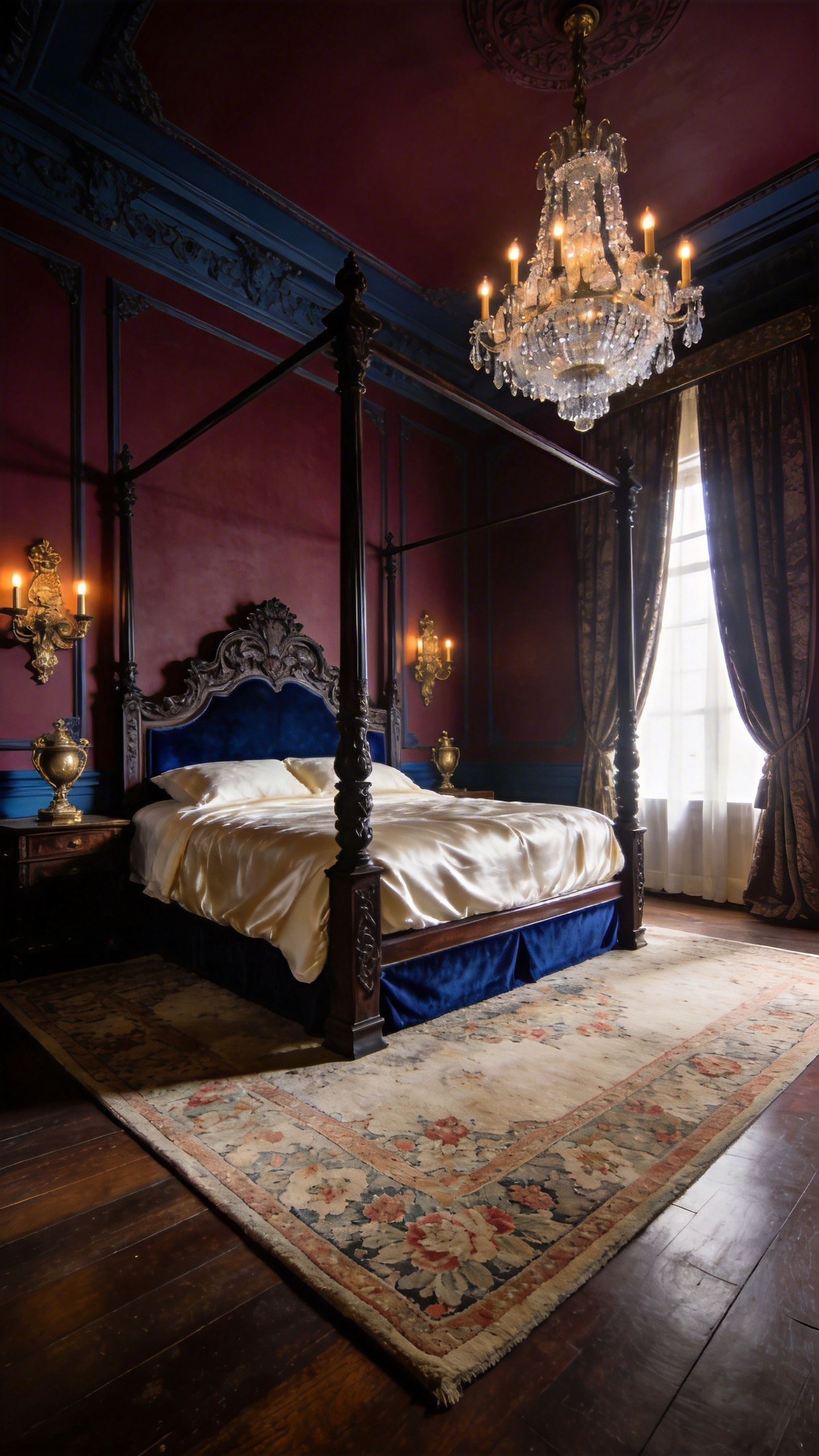 A vintage bedroom featuring a heritage palette of deep burgundy walls, a mahogany four-poster bed, and navy blue velvet textiles.