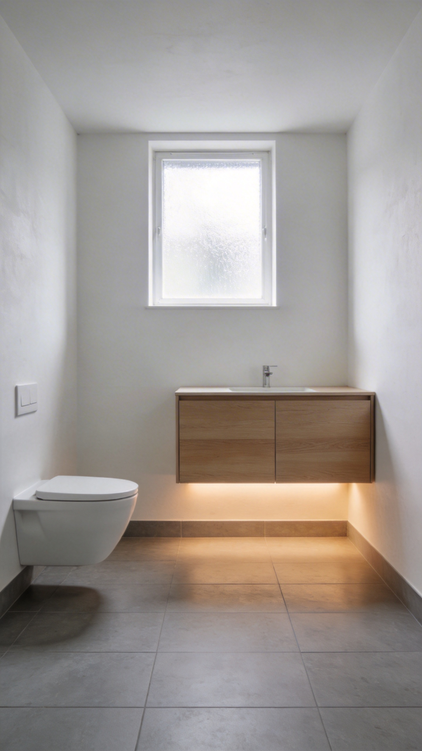 A minimalist bathroom design featuring a floating wooden vanity and wall-mounted toilet over a continuous grey tile floor to create a sense of expanded space.