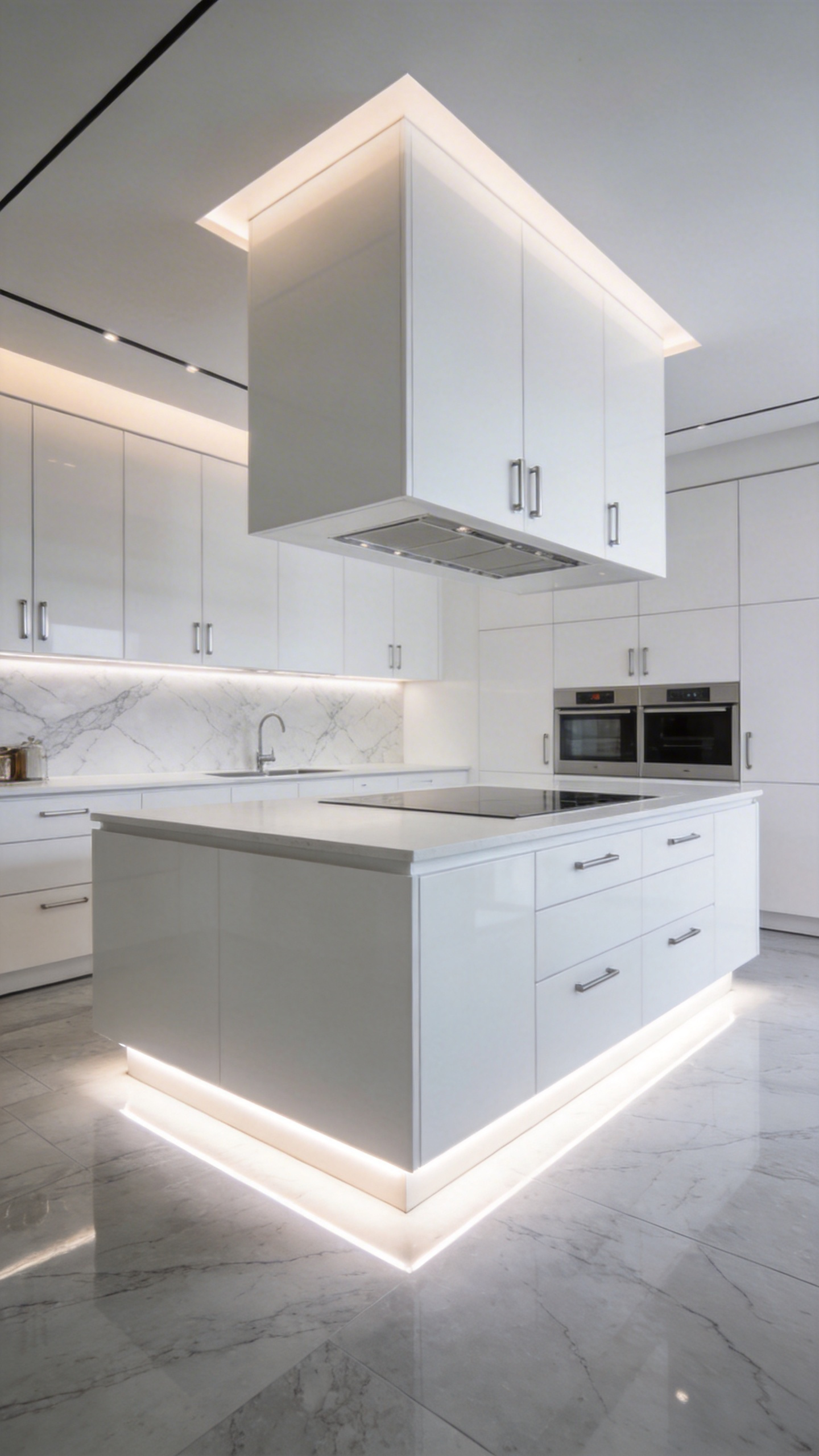 Modern white kitchen with floating cabinets and island illuminated by concealed neutral LED lighting for a weightless architectural effect.