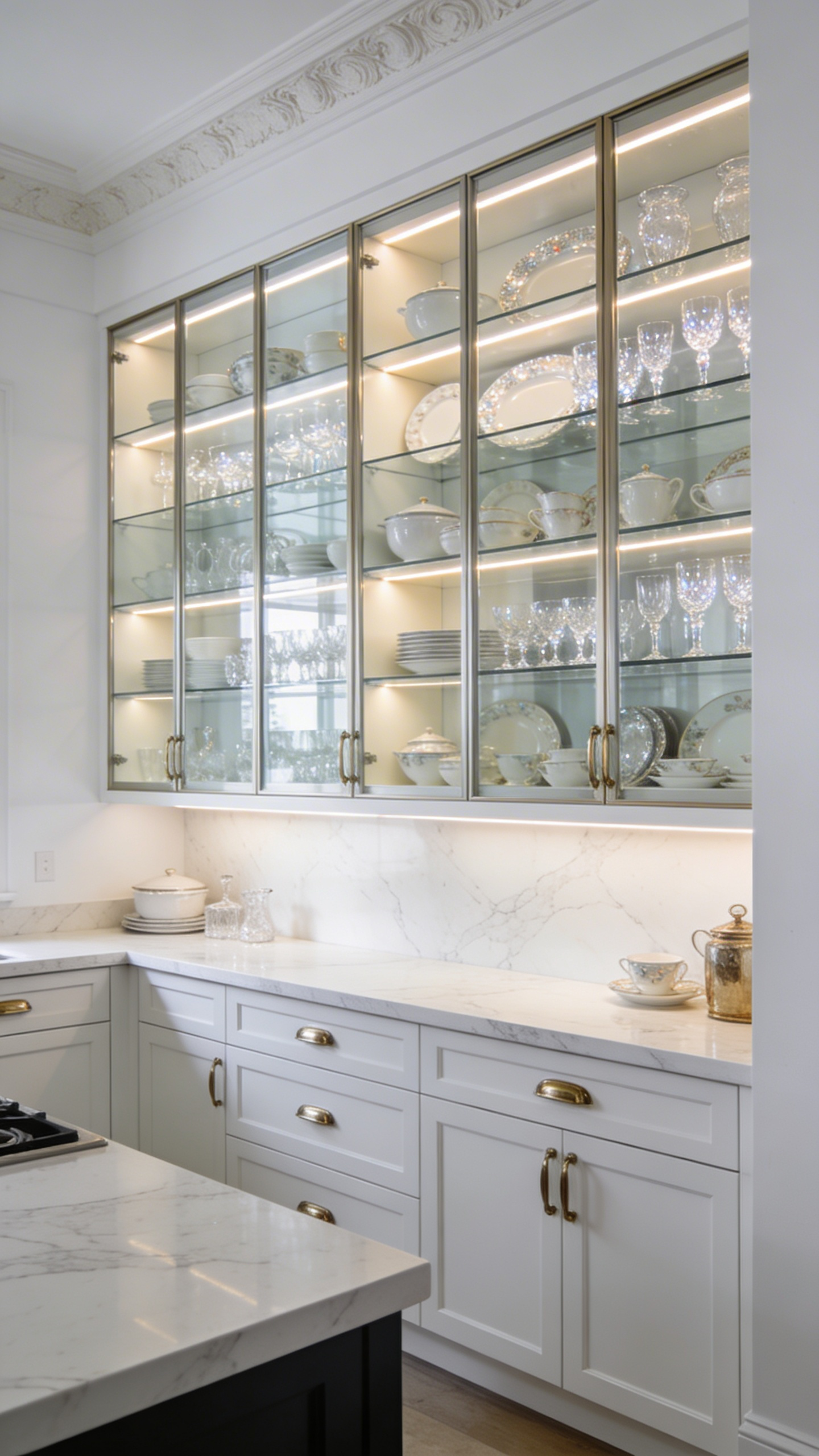 A bright white kitchen featuring glass-front cabinets that display elegant bone china and crystal glassware like a museum gallery.