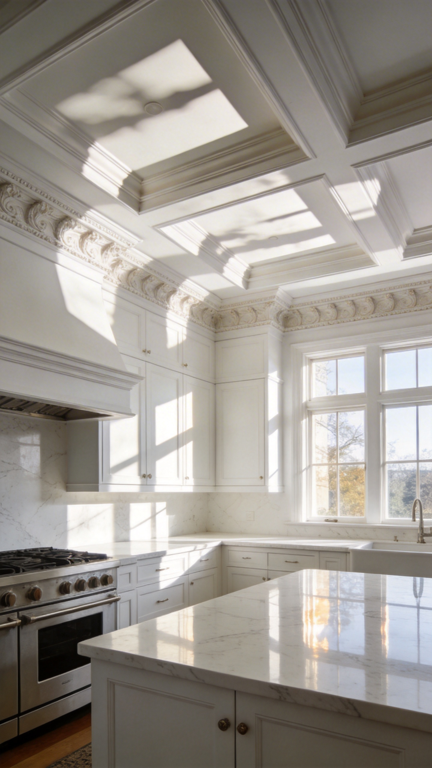 A bright luxury kitchen with white cabinetry and intricate multi-piece crown molding casting deep shadow lines.
