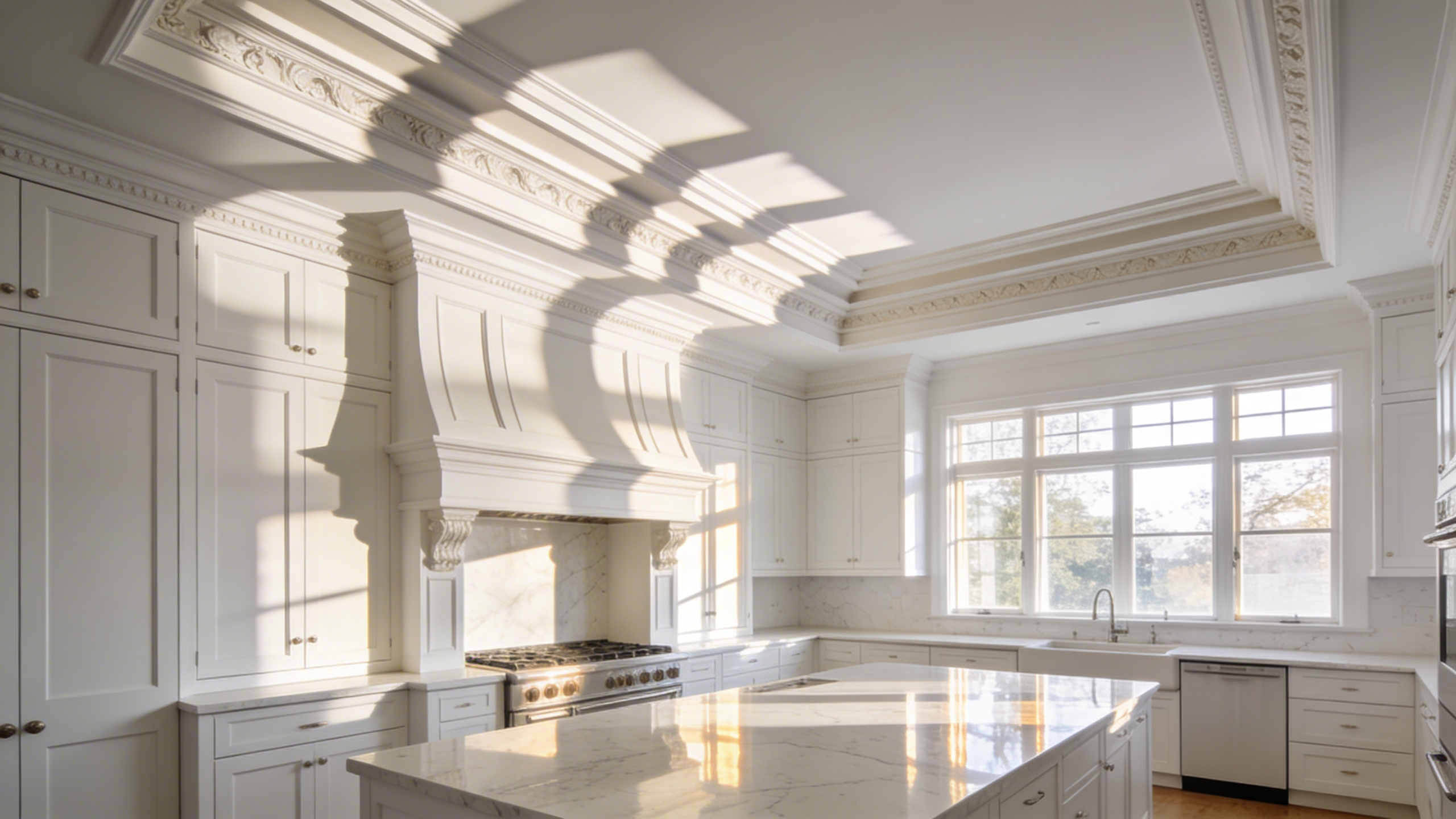 A bright luxury kitchen with white cabinetry and intricate multi-piece crown molding casting deep shadow lines.