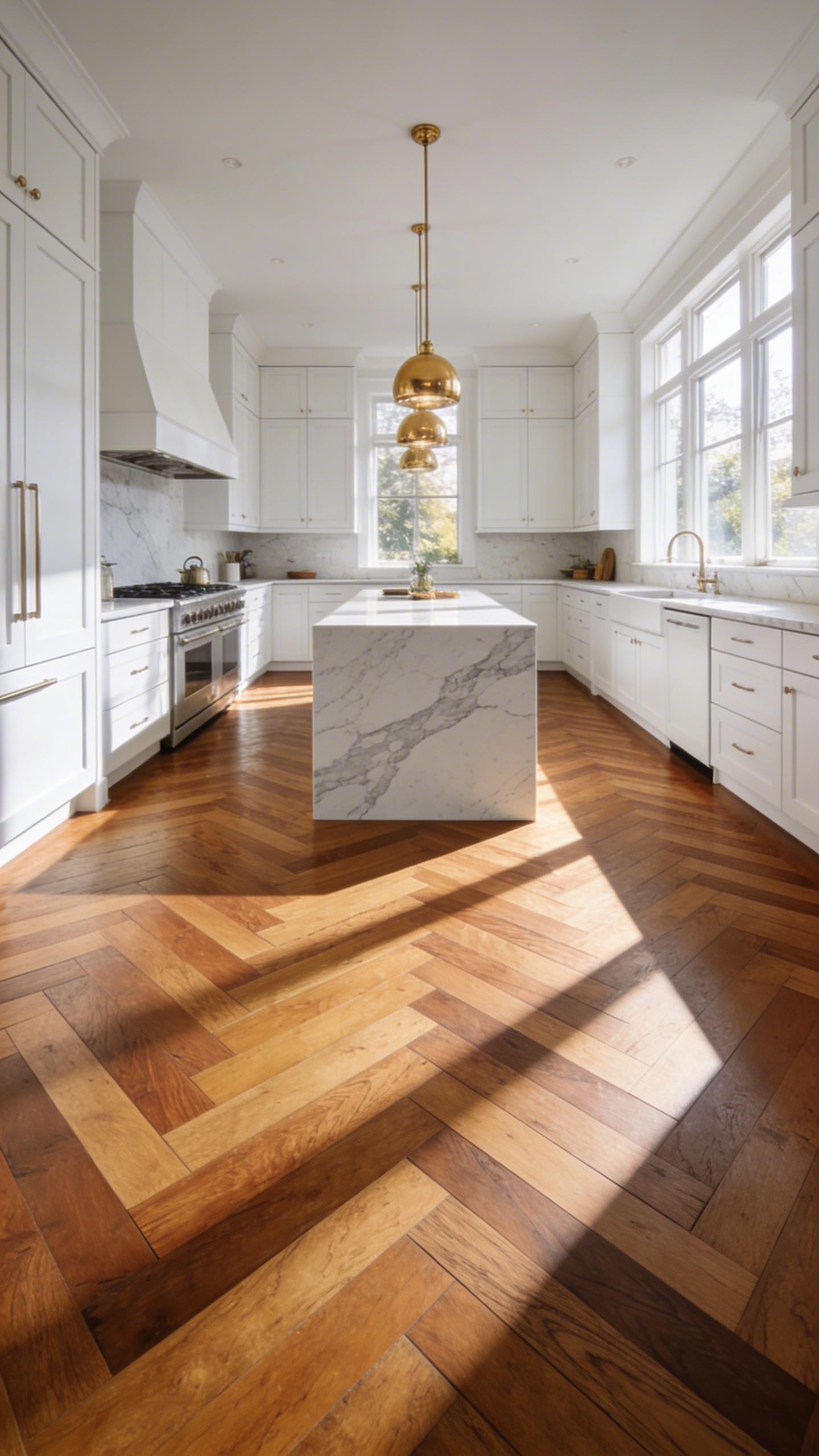 A luxurious white kitchen featuring a detailed herringbone pattern hardwood floor and white marble surfaces.