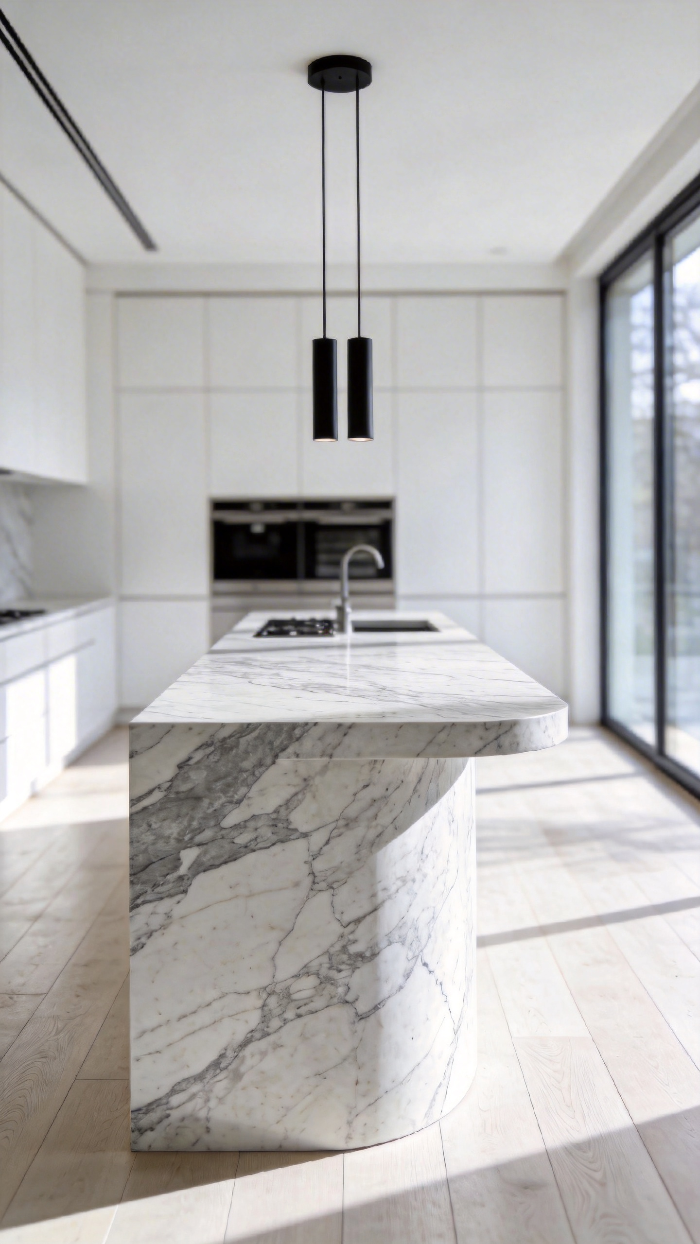A luxurious modern white kitchen featuring a large marble island with a dramatic waterfall edge and dark grey veining.