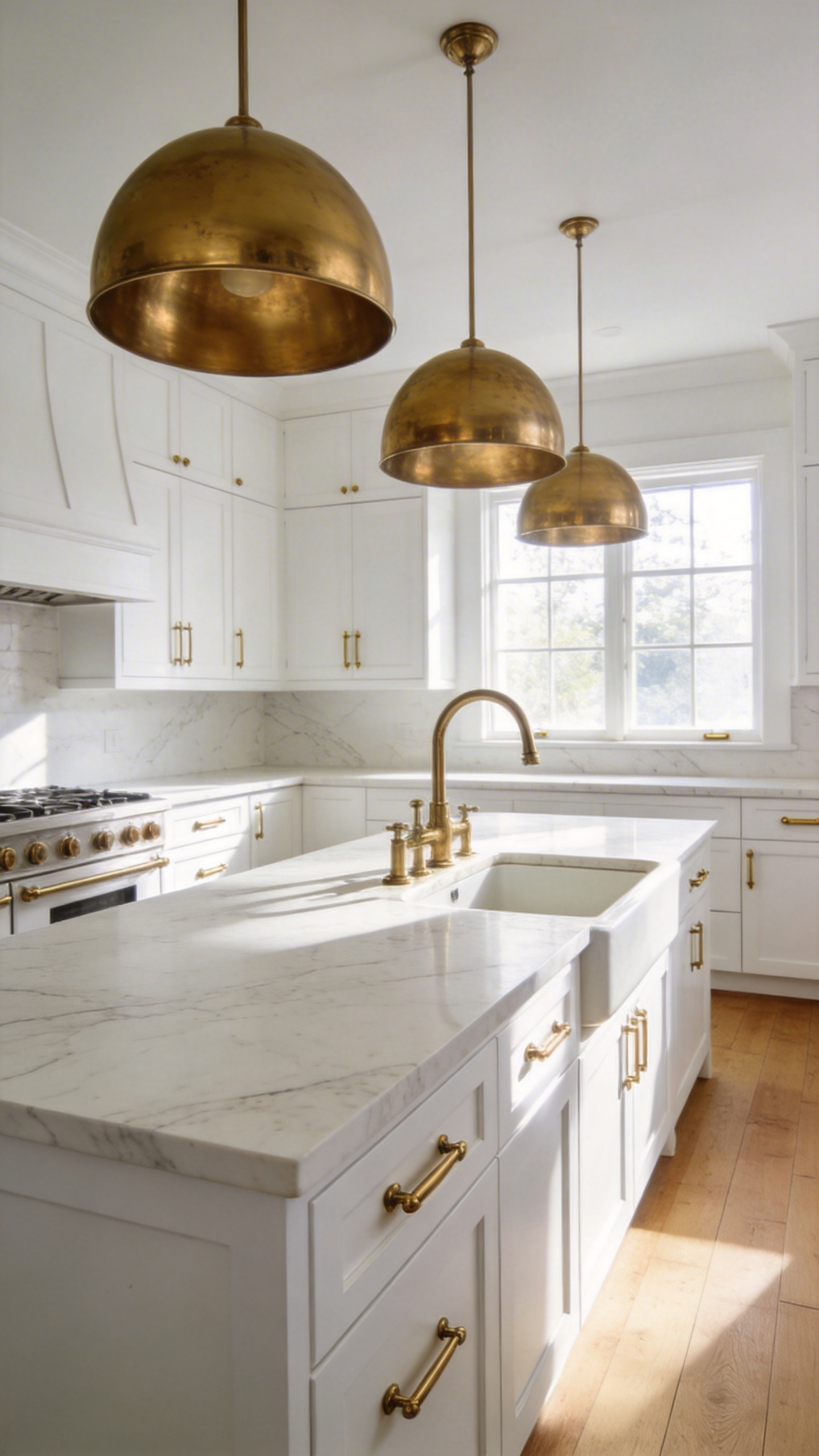 A spacious white kitchen featuring luxurious unlacquered brass hardware, pendant lighting, and marble countertops.