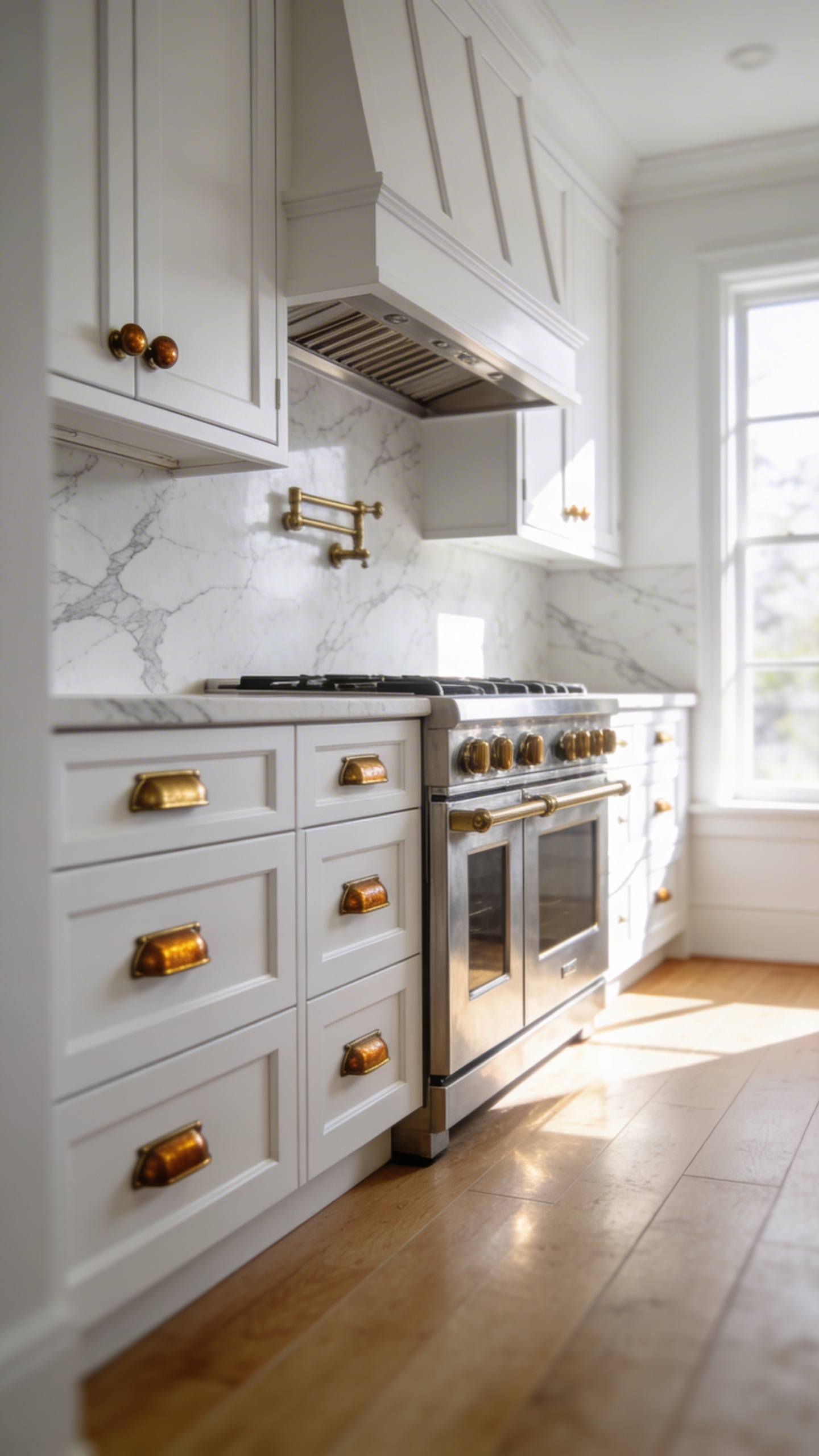 Luxury white kitchen cabinetry featuring unlacquered brass hardware with a natural patina and white marble countertops.