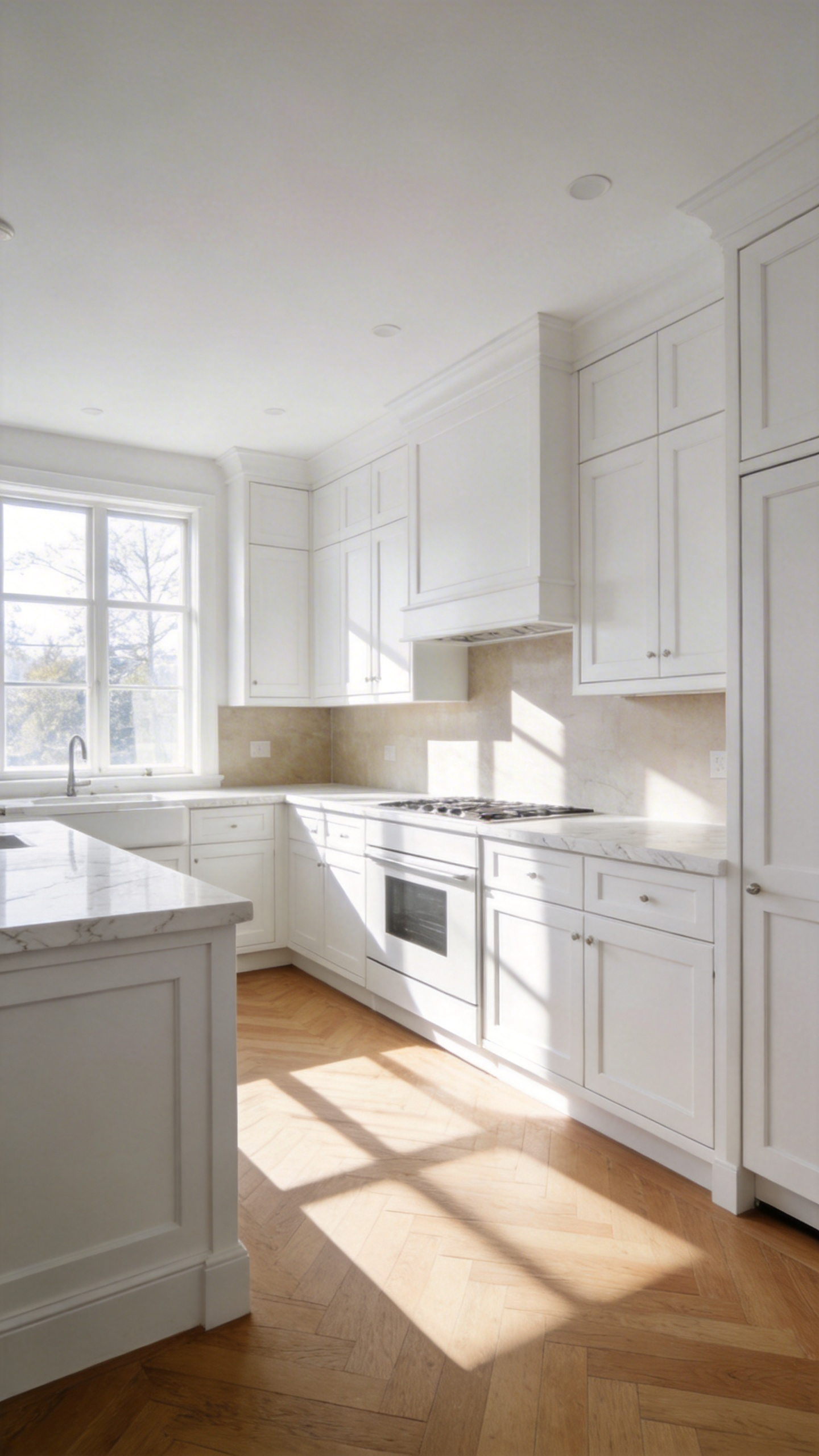 A luxury white kitchen featuring seamless panel-ready appliances hidden behind custom white shaker cabinetry for a clean and uninterrupted visual flow.
