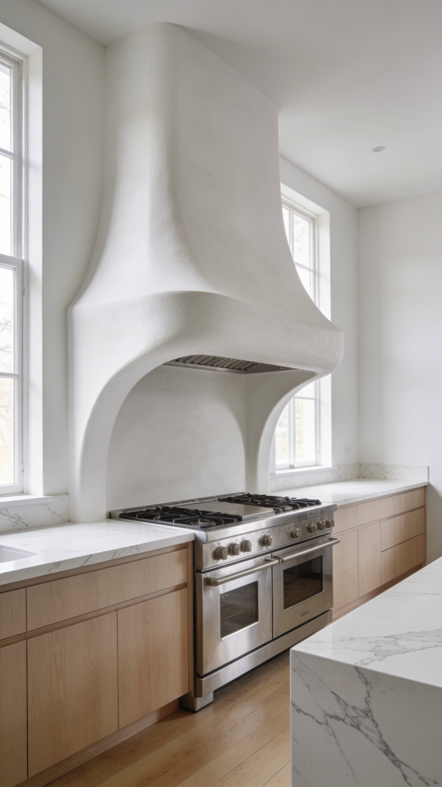 A bright modern white kitchen featuring a sculptural artisan plaster range hood with soft curves and marble countertops.