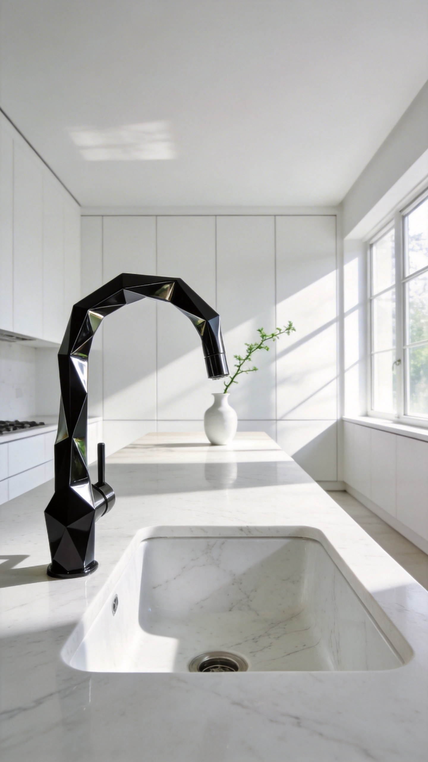 A modern white kitchen with a geometric sculptural faucet over a marble sink basin.